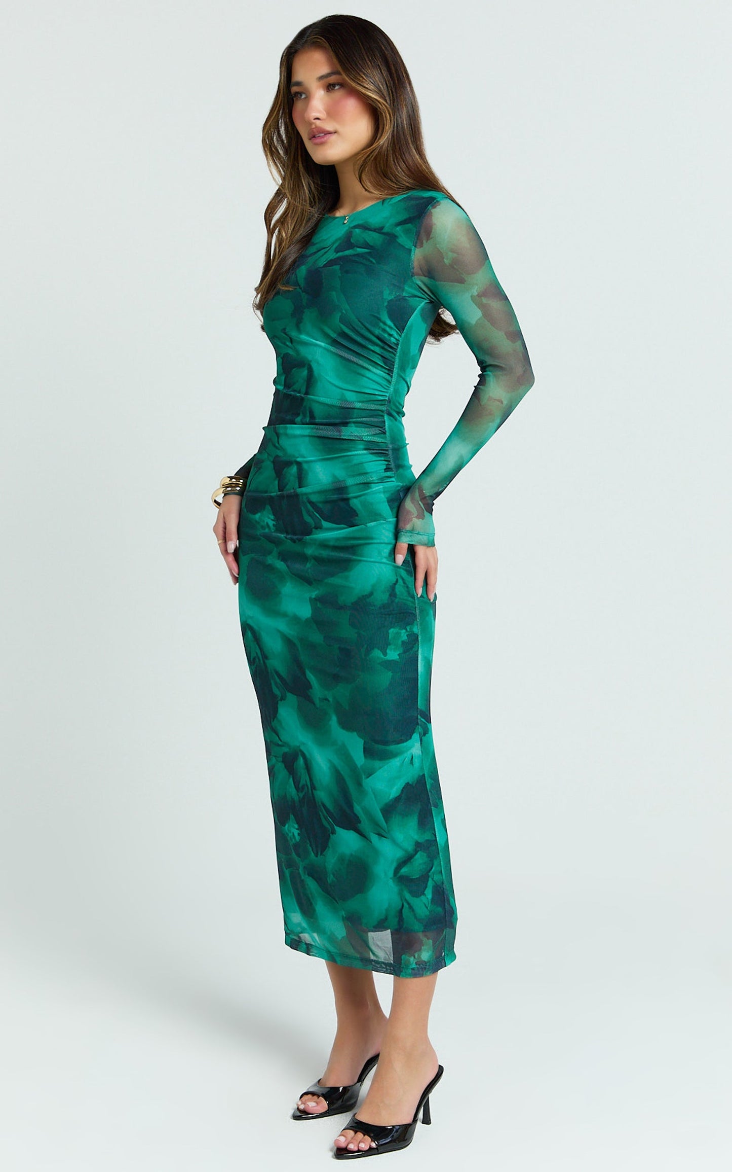 Zyra Midi Dress - High Neck Long Sleeve Mesh Dress in Green Blurred Print