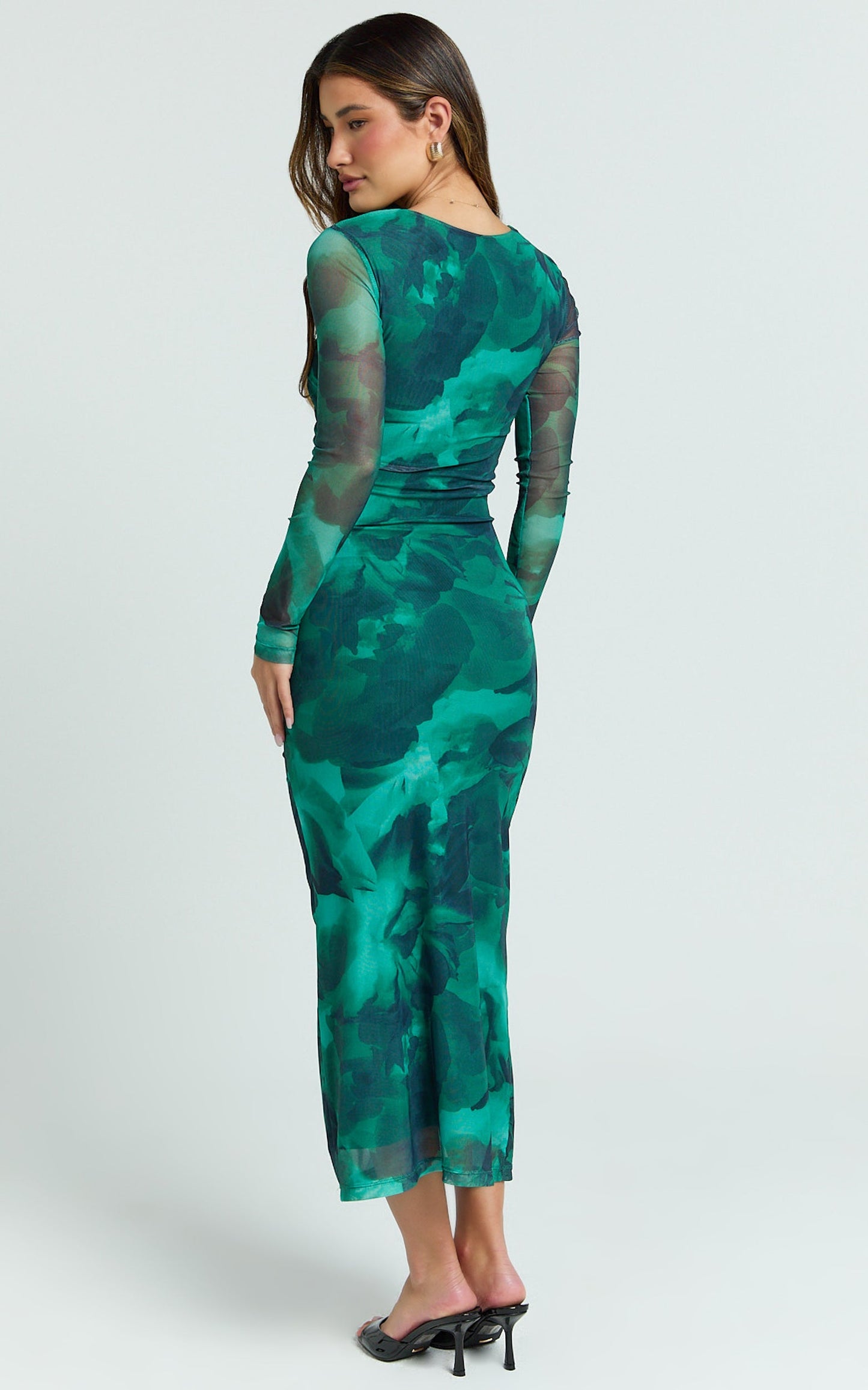 Zyra Midi Dress - High Neck Long Sleeve Mesh Dress in Green Blurred Print