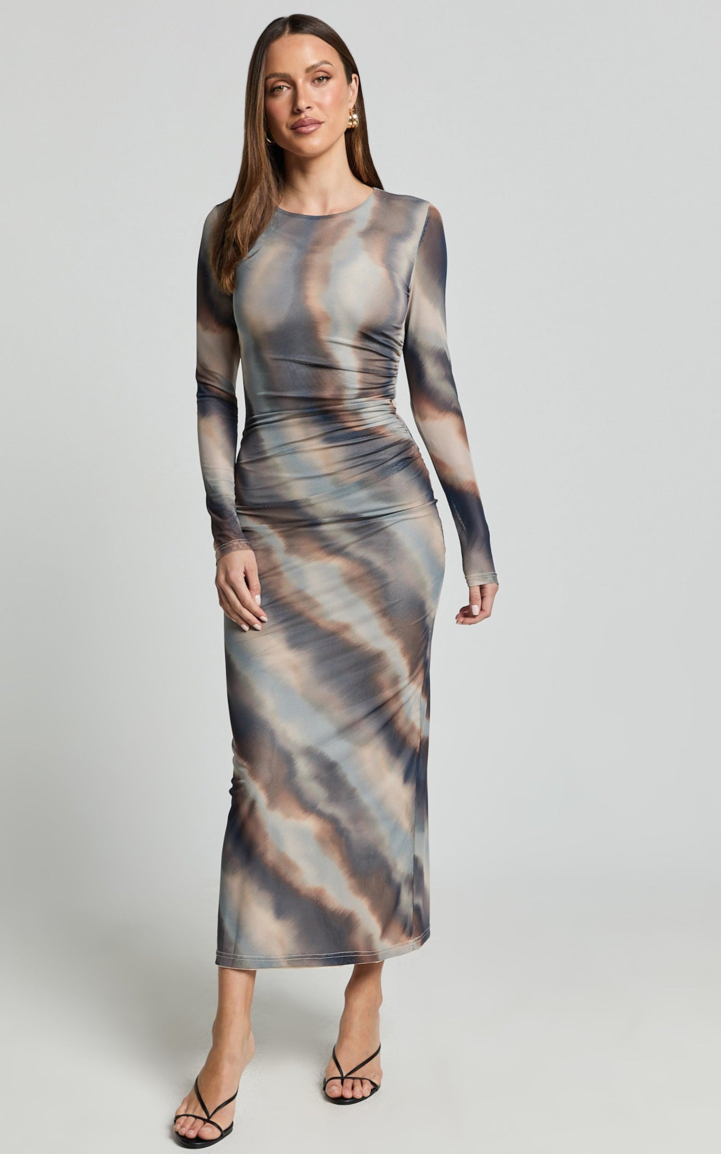 Zyra Midi Dress - High Neck Long Sleeve Mesh Dress in Neutral Stripe
