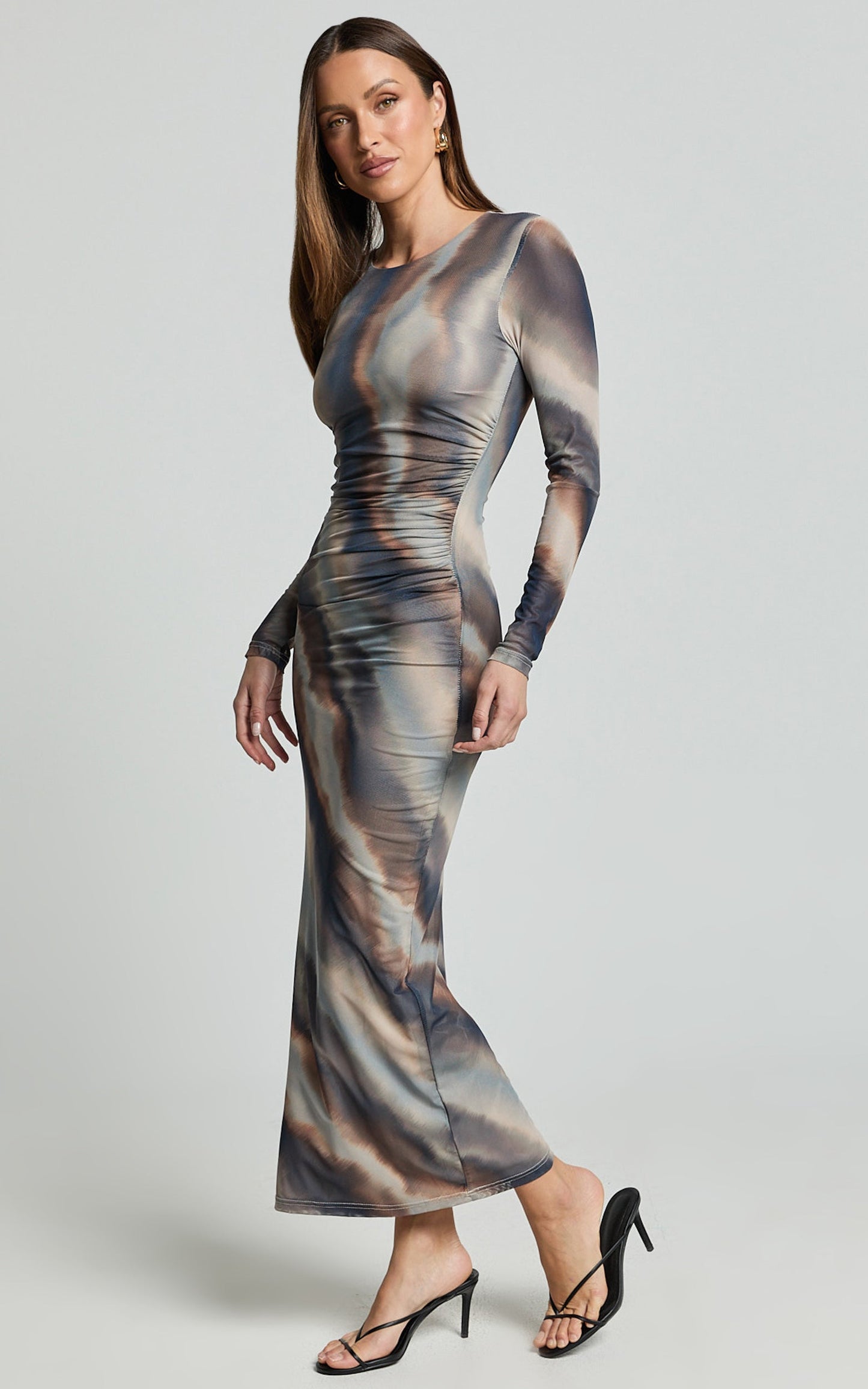 Zyra Midi Dress - High Neck Long Sleeve Mesh Dress in Neutral Stripe