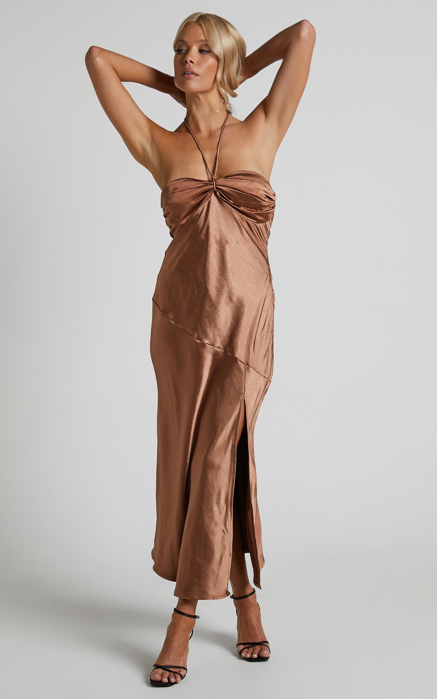 Zyrille Midi Dress - Thigh Split Halter Neck Midi Dress in Chocolate