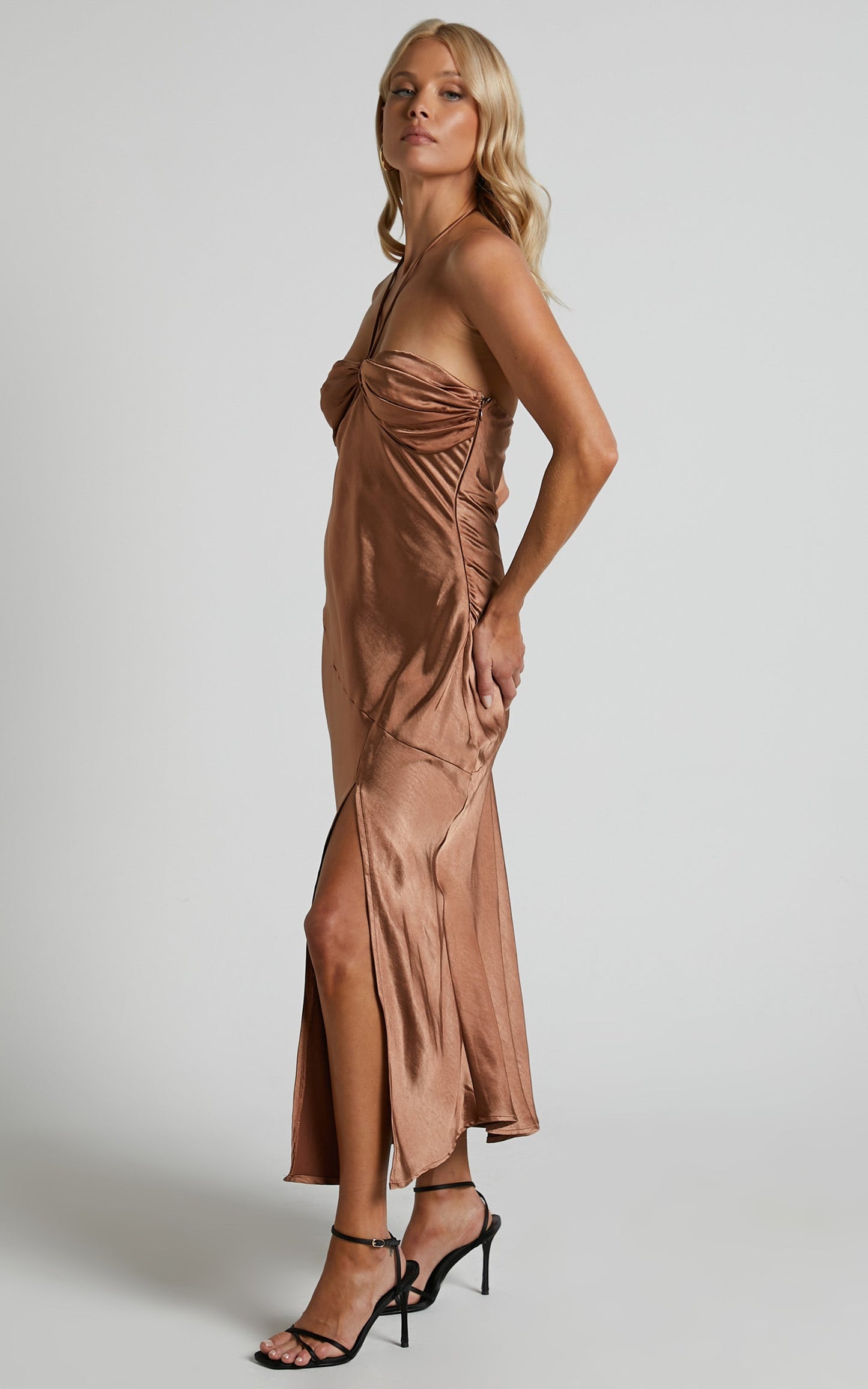 Zyrille Midi Dress - Thigh Split Halter Neck Midi Dress in Chocolate