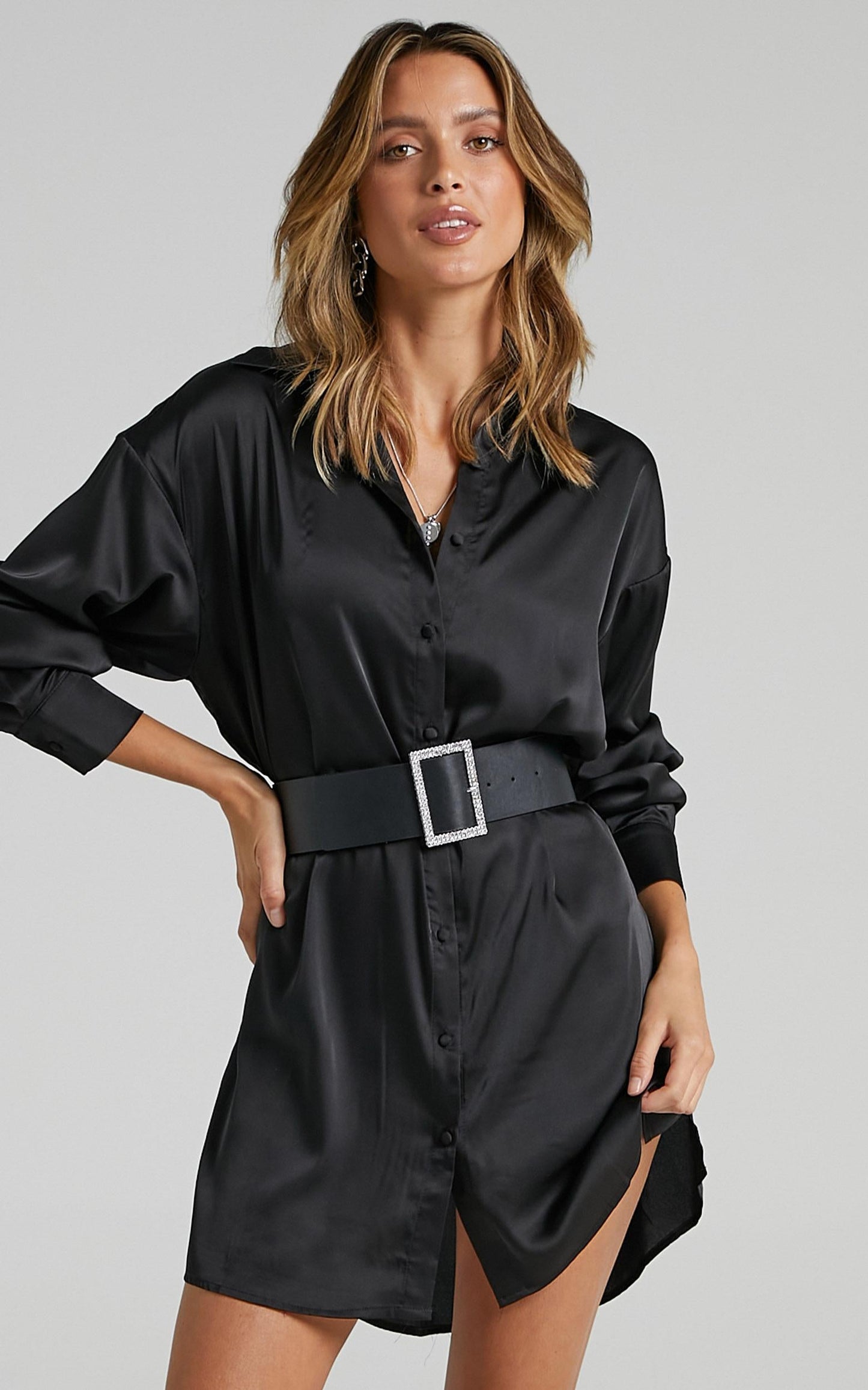 Desiree Shirt Dress in Black Satin