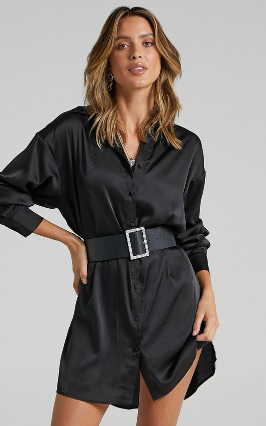 Desiree Shirt Dress in Black Satin