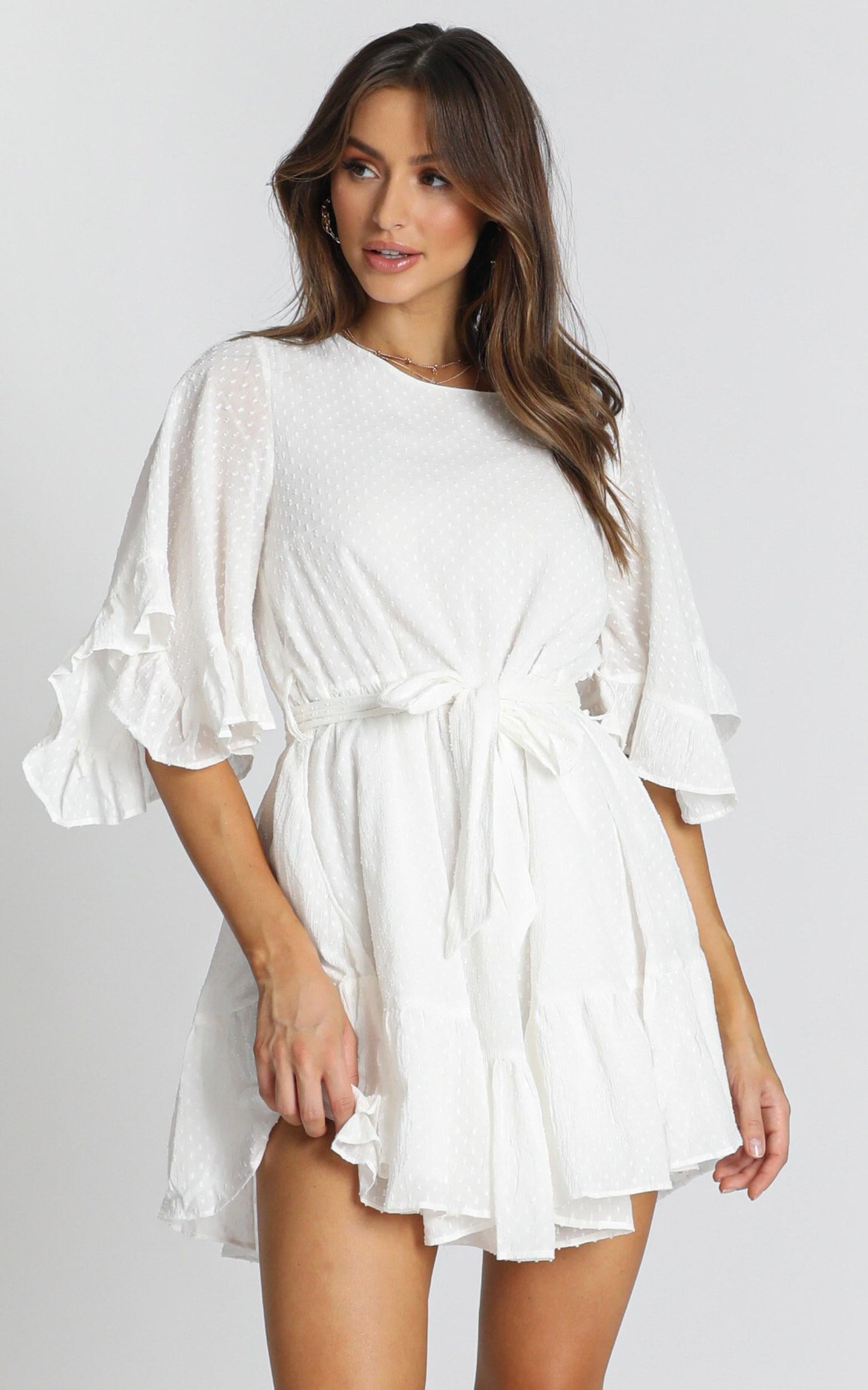 Adrianna Ruffle Mini Dress in White