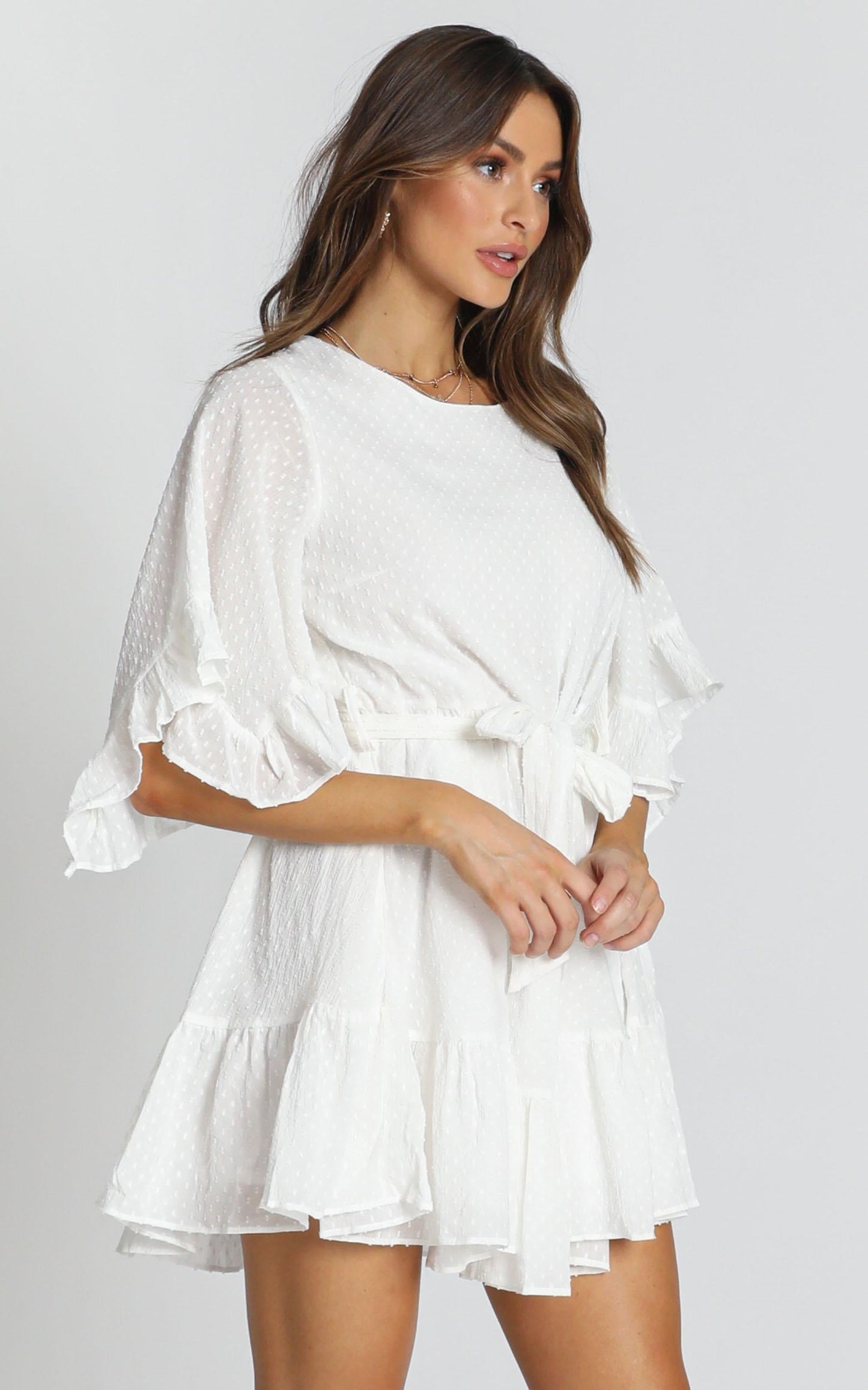 Adrianna Ruffle Mini Dress in White