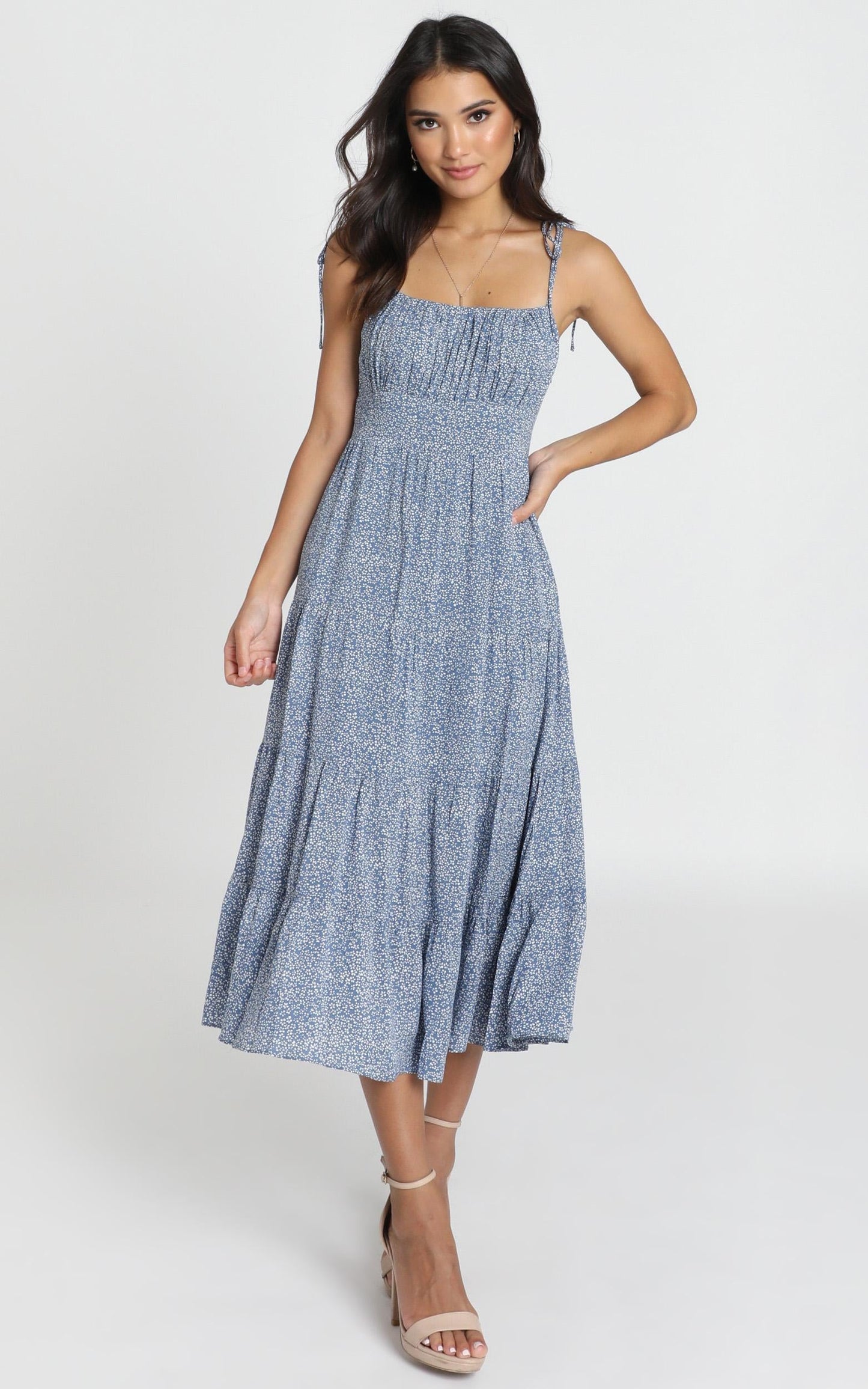 Agyness Tie Strap Midi Dress in Navy Floral