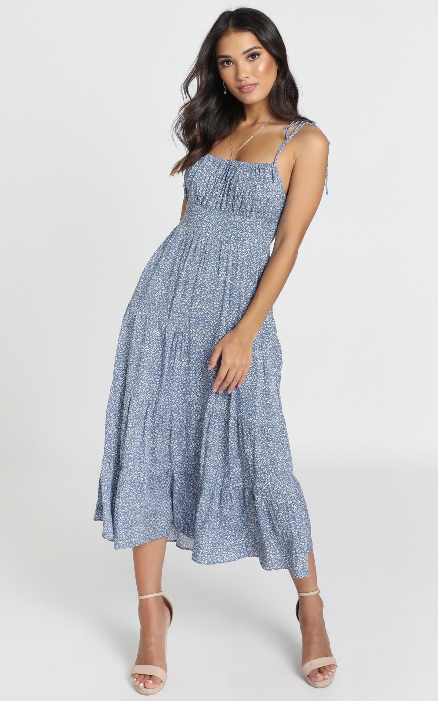 Agyness Tie Strap Midi Dress in Navy Floral