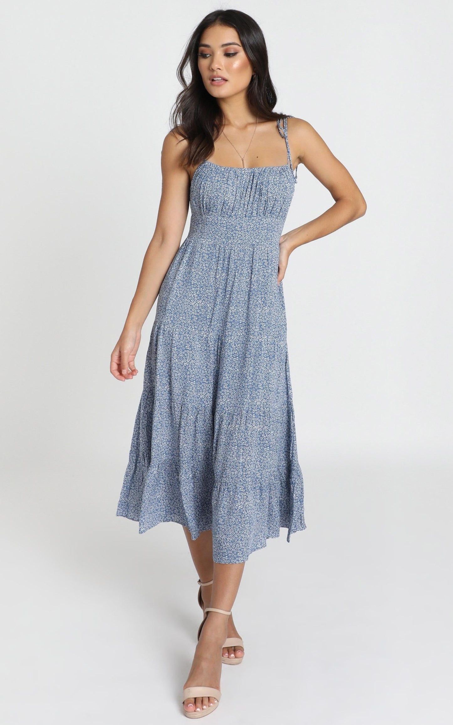 Agyness Tie Strap Midi Dress in Navy Floral