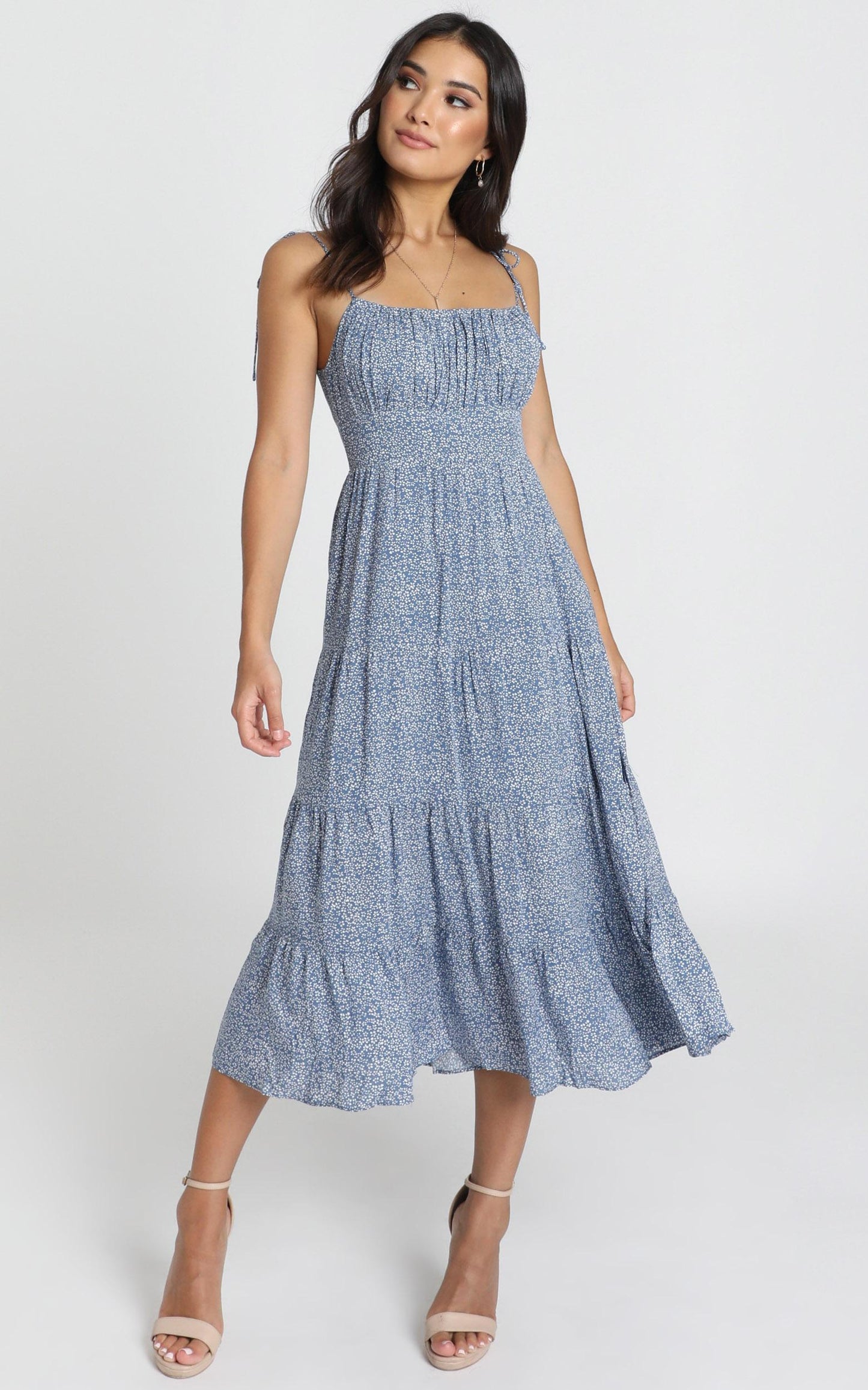 Agyness Tie Strap Midi Dress in Navy Floral