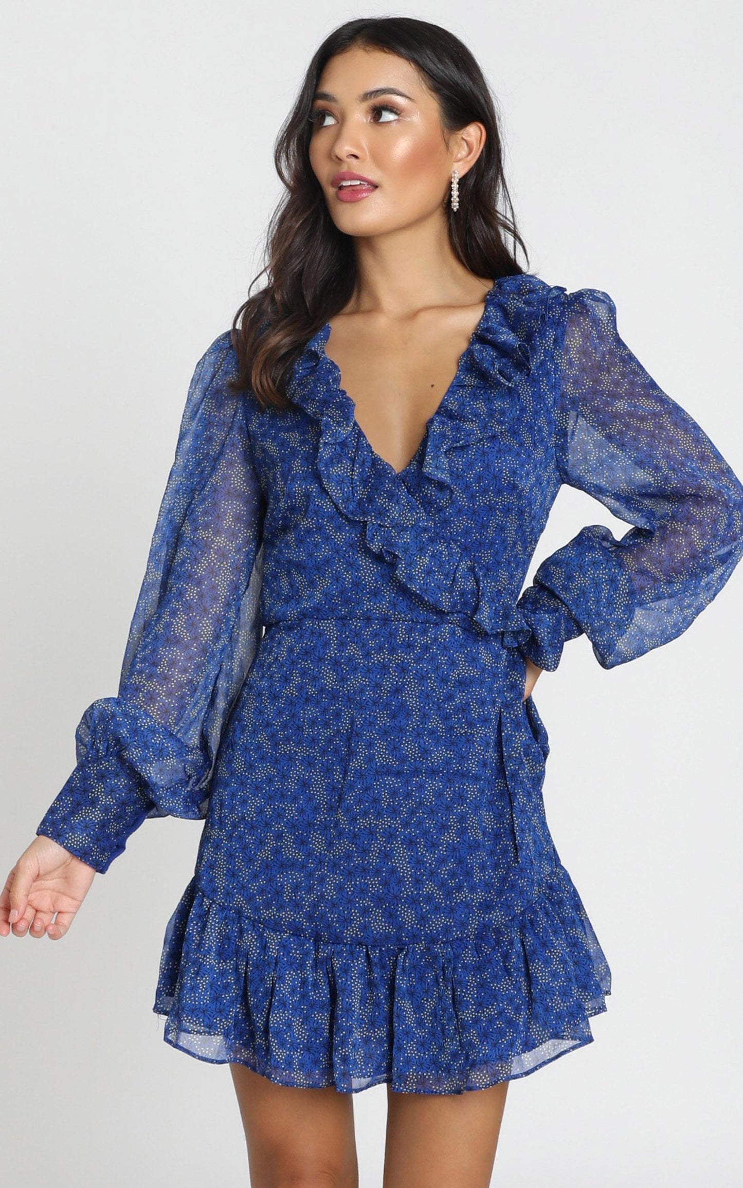 Alesha Long Sleeve Mini dress in cobalt blue floral