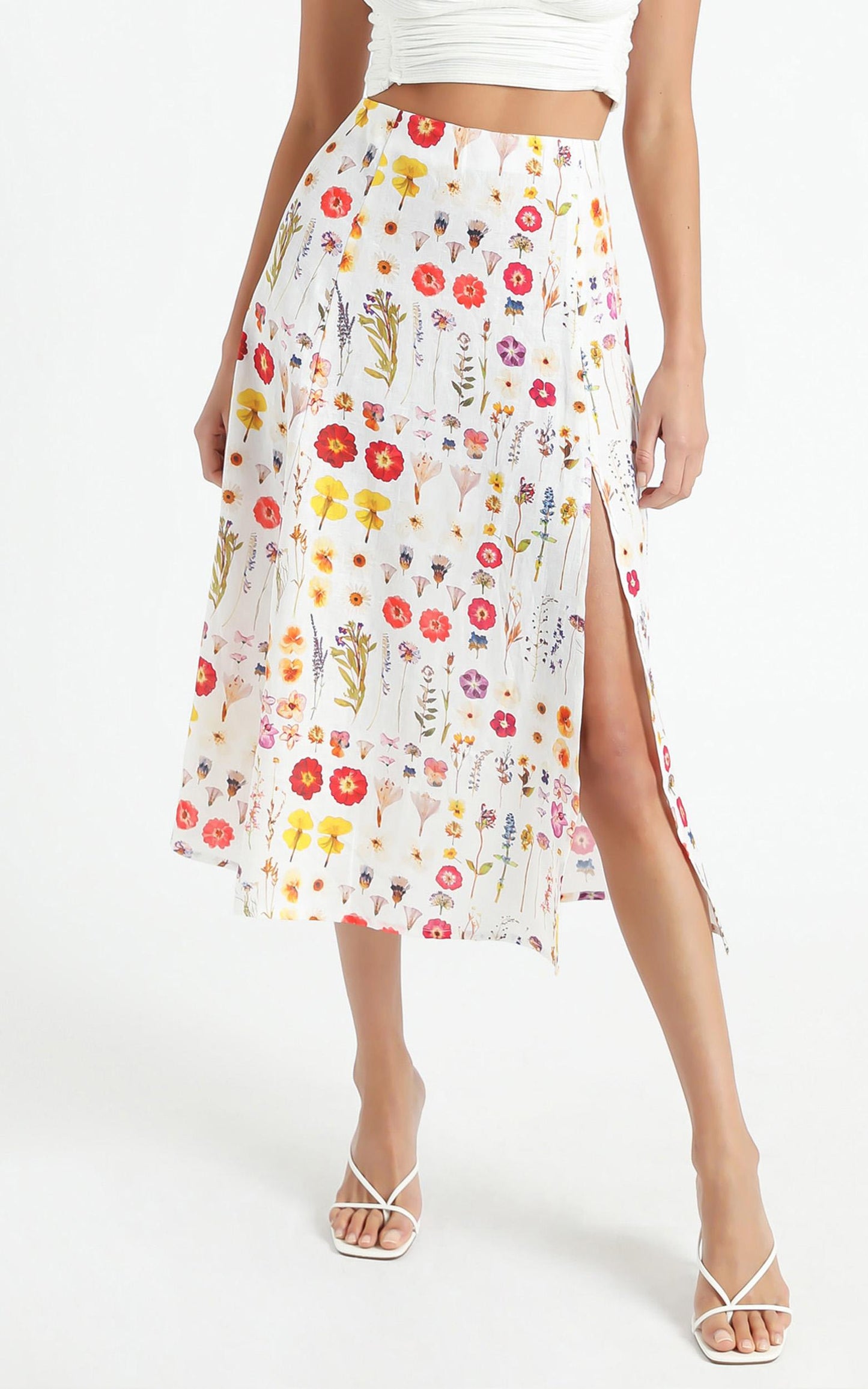 Cools Club - A Line Split Midi Skirt in Pressed Floral