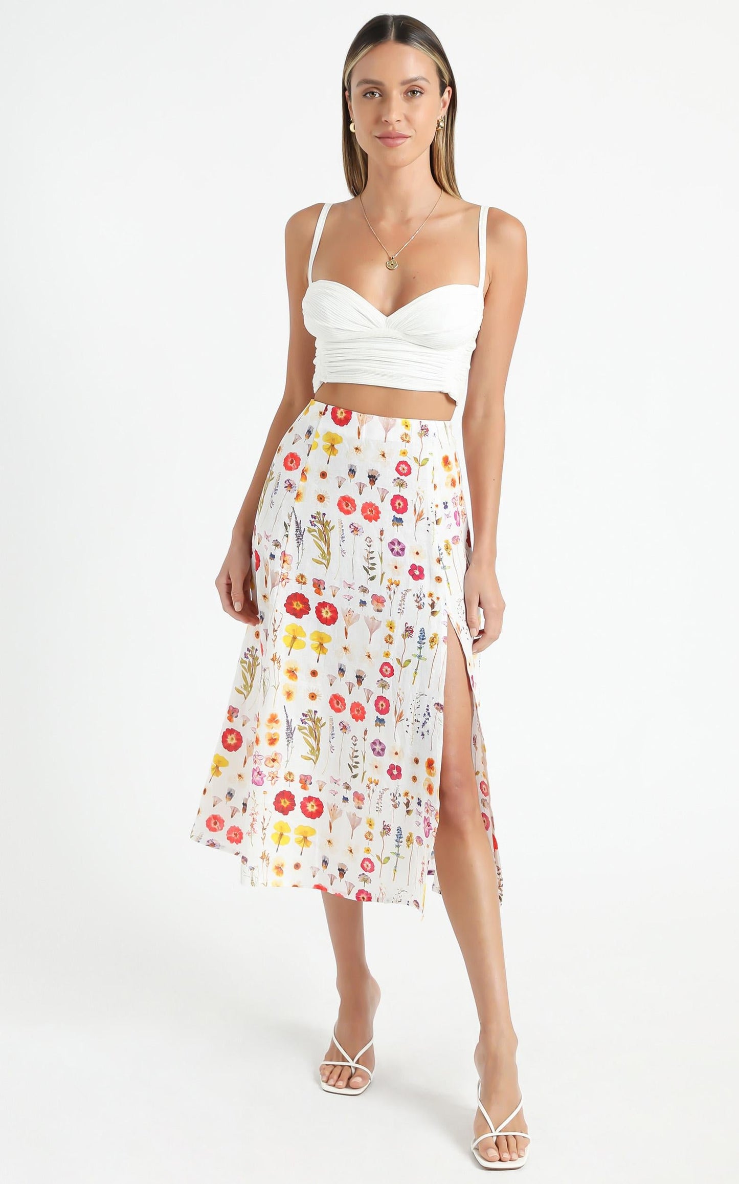 Cools Club - A Line Split Midi Skirt in Pressed Floral