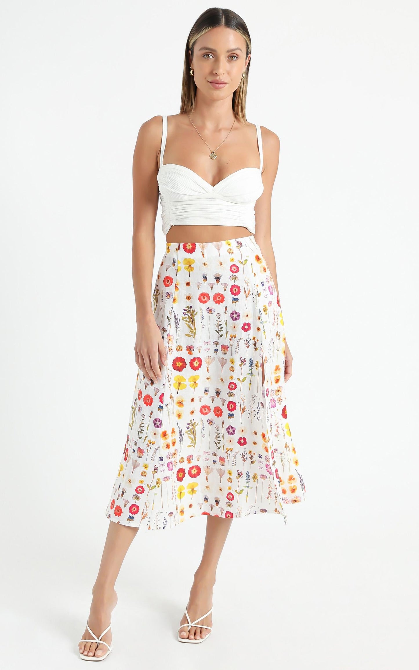 Cools Club - A Line Split Midi Skirt in Pressed Floral