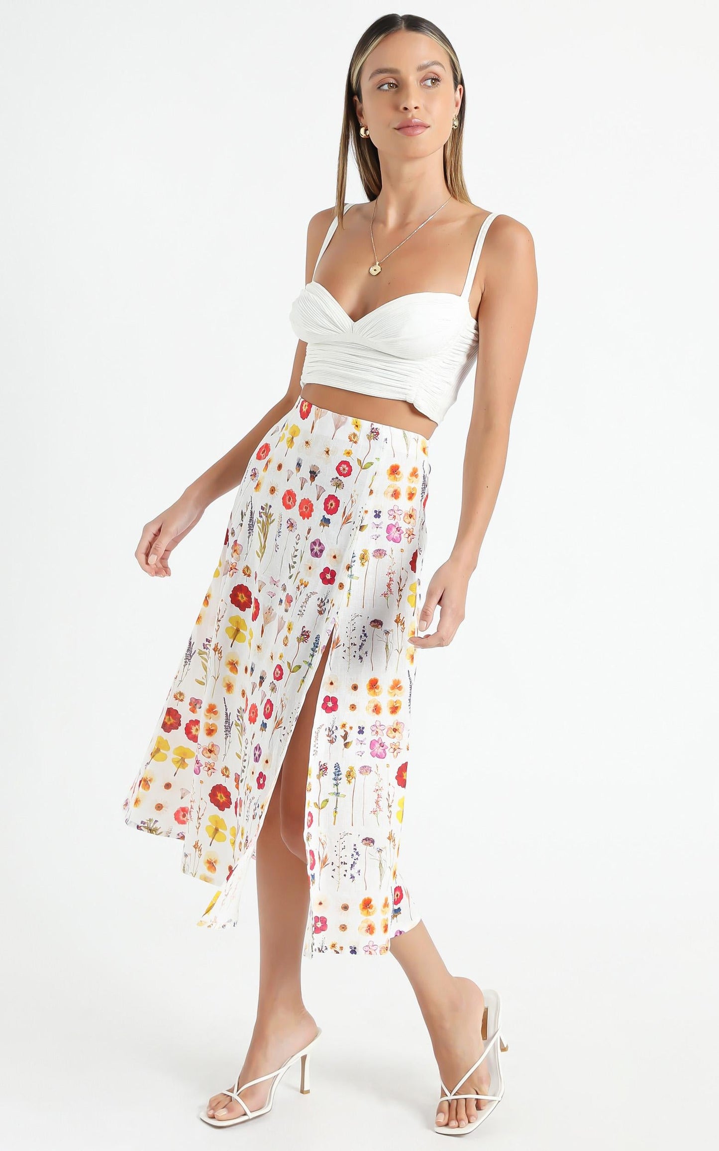 Cools Club - A Line Split Midi Skirt in Pressed Floral