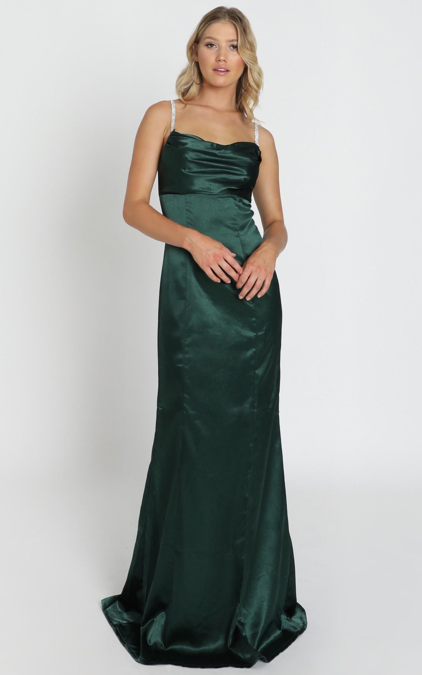 Alysha Diamante Strap Maxi Dress In Emerald Green Satin