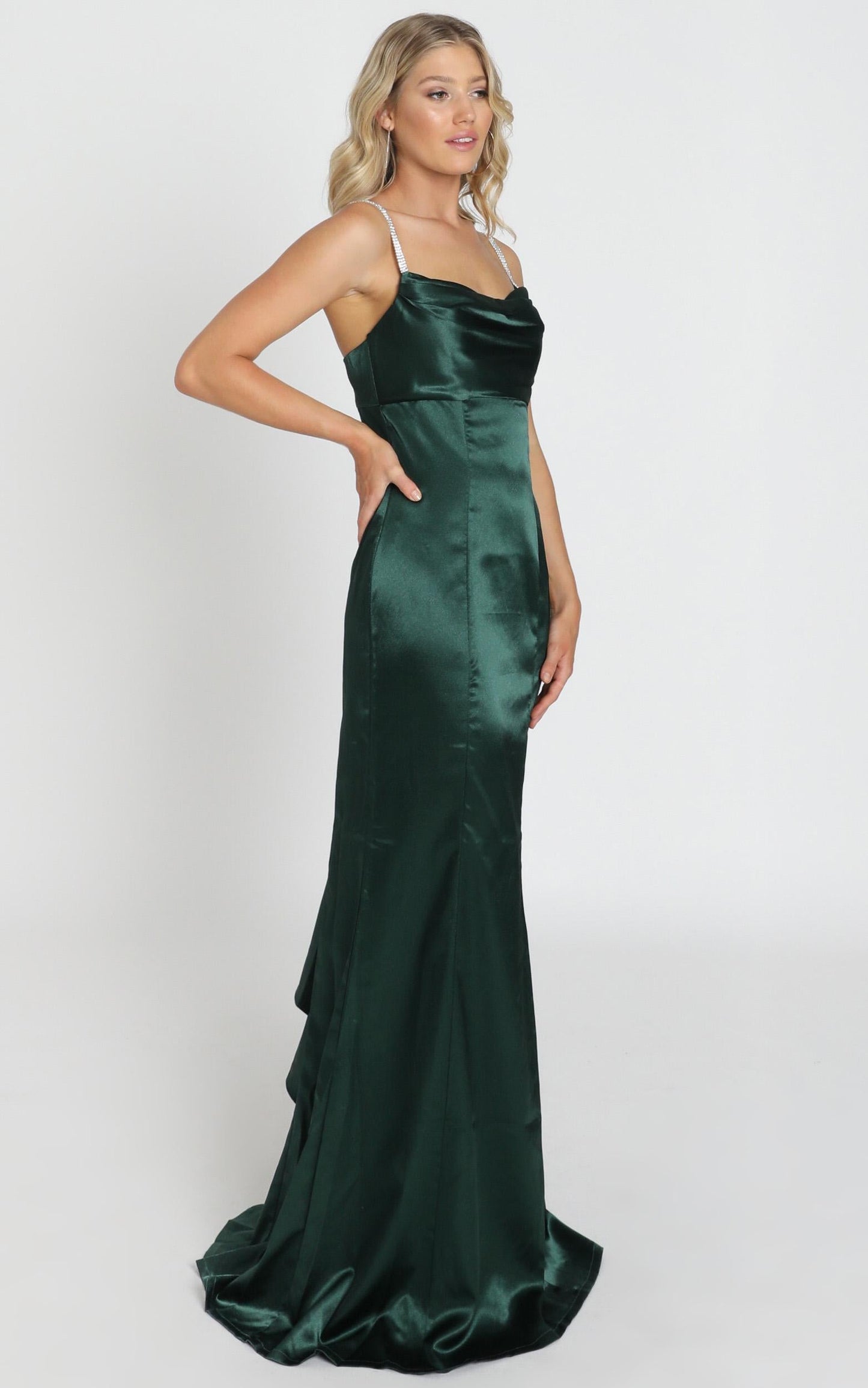 Alysha Diamante Strap Maxi Dress In Emerald Green Satin
