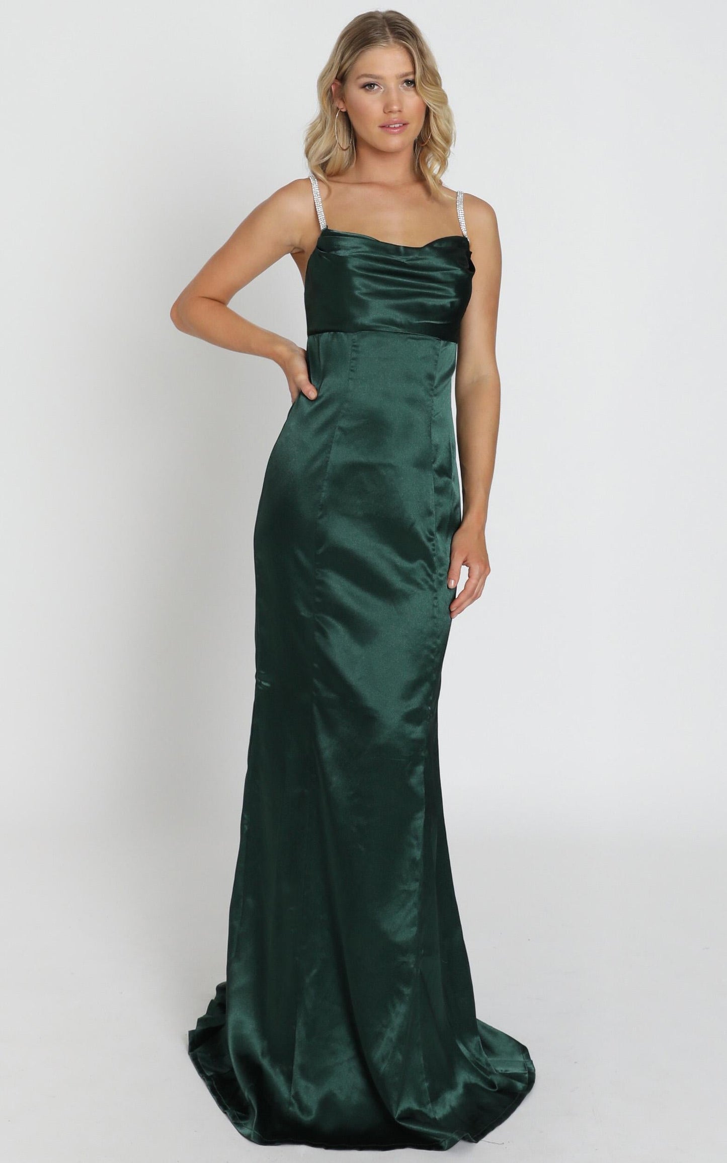Alysha Diamante Strap Maxi Dress In Emerald Green Satin