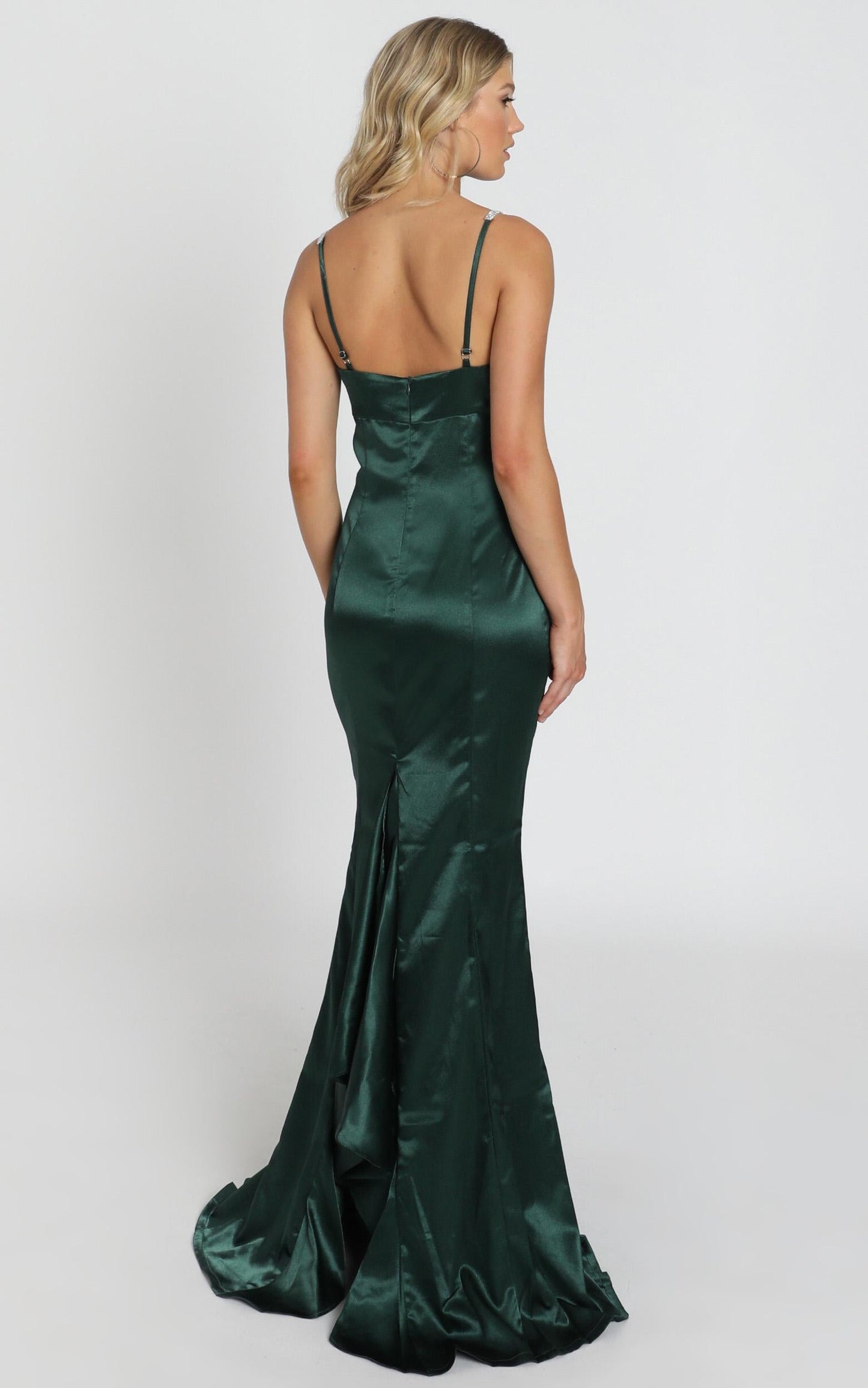 Alysha Diamante Strap Maxi Dress In Emerald Green Satin