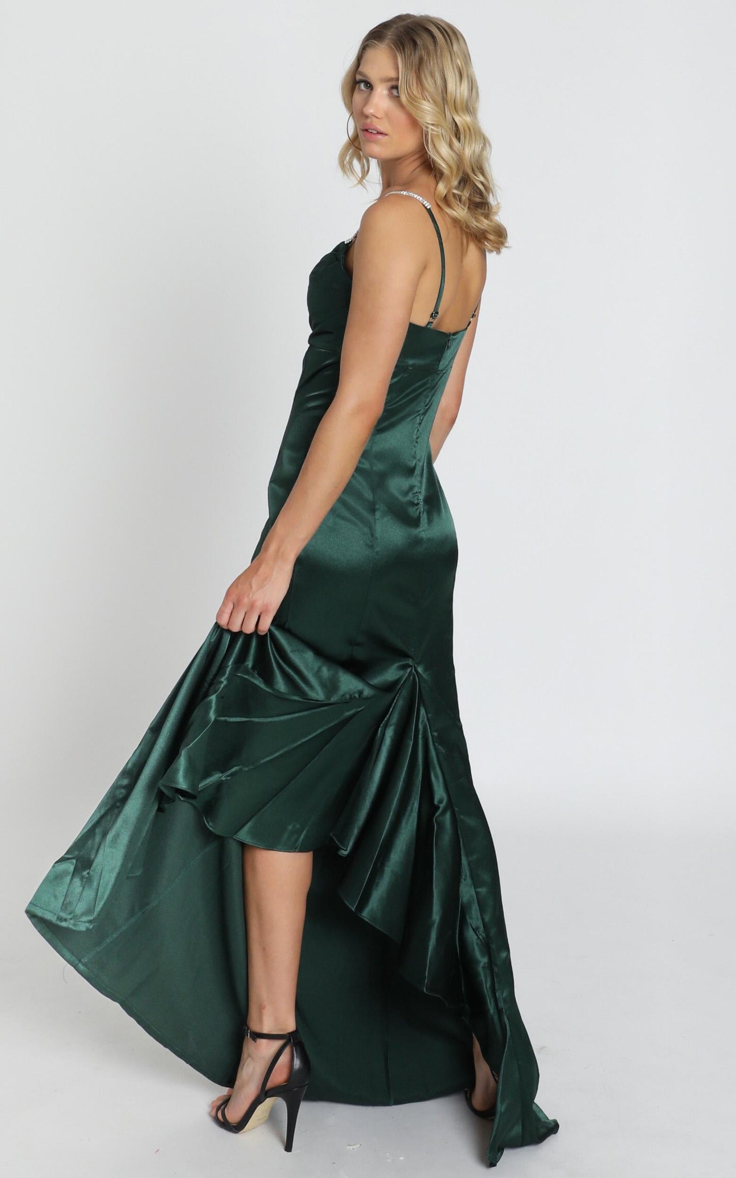 Alysha Diamante Strap Maxi Dress In Emerald Green Satin