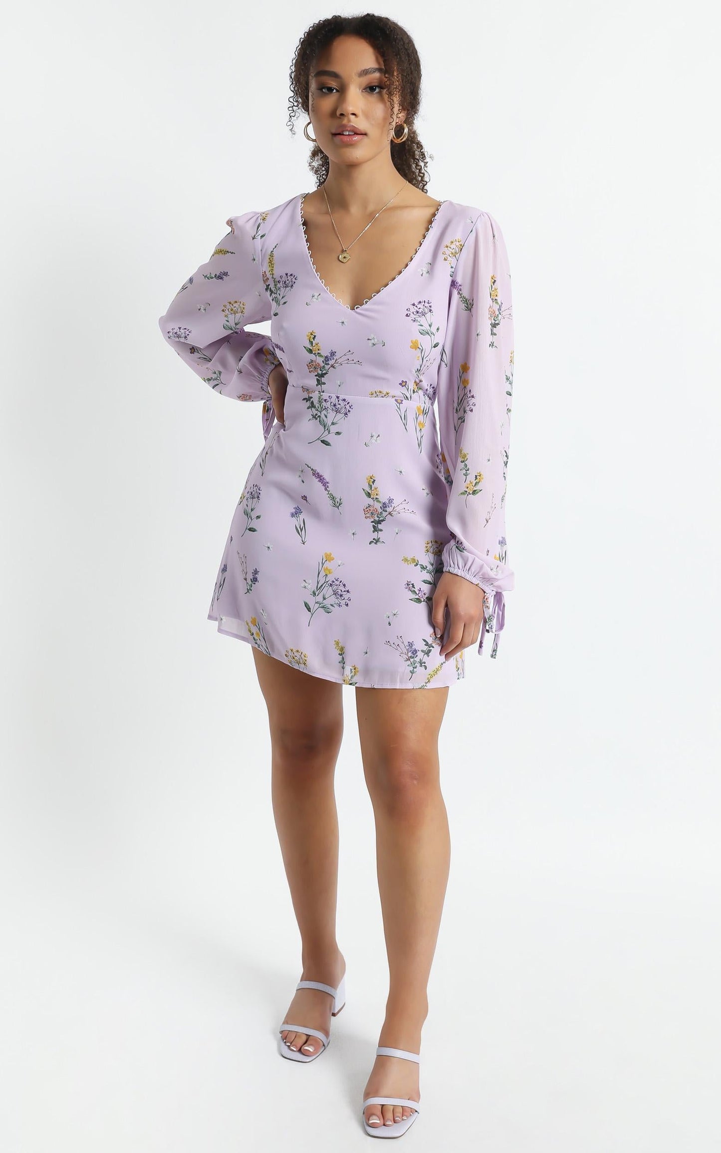 Andrea Long Sleeve Mini Dress in Lavender Botanical Floral