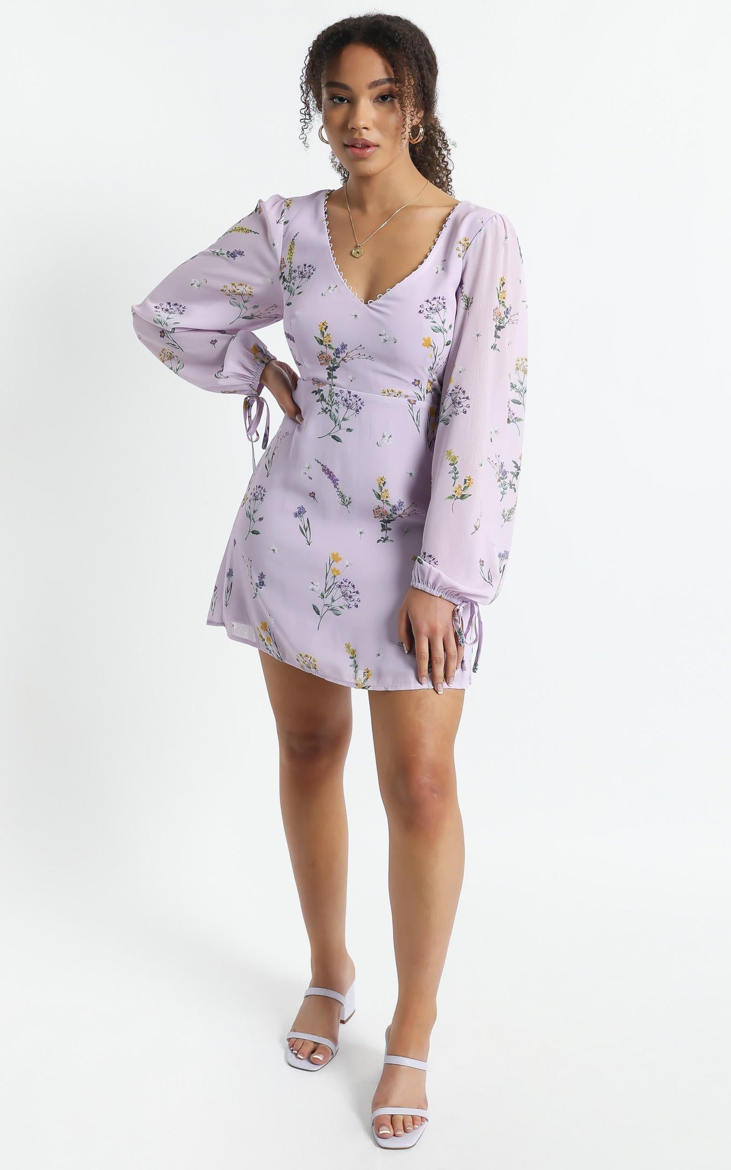 Andrea Long Sleeve Mini Dress in Lavender Botanical Floral