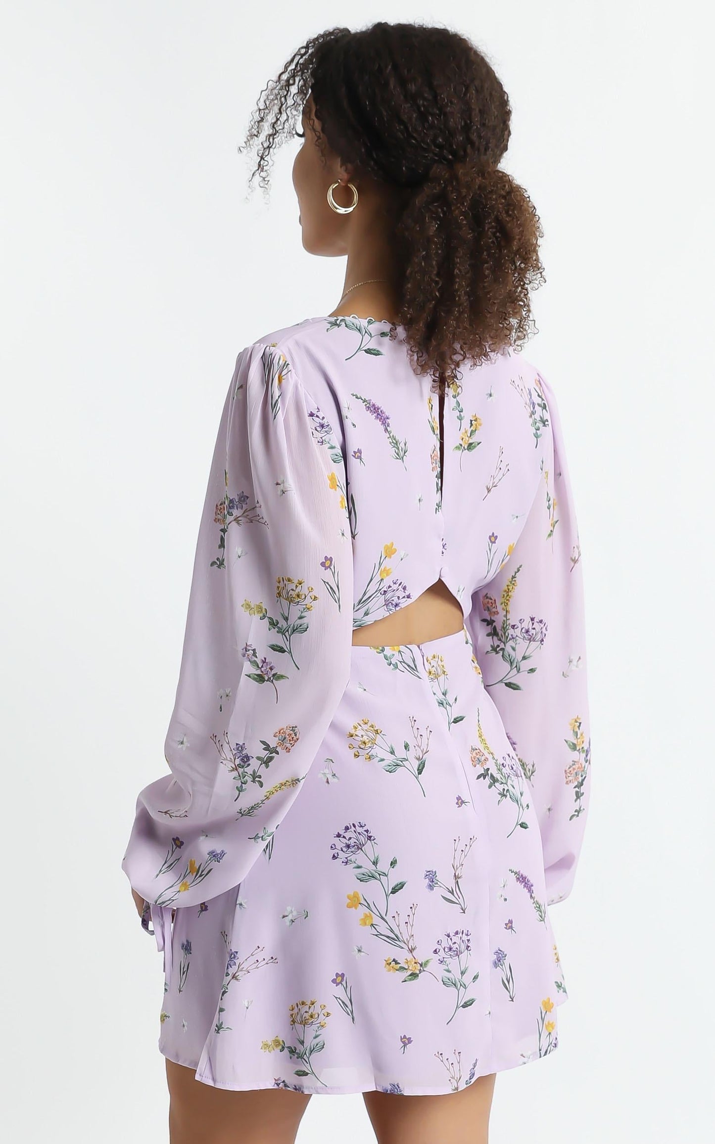 Andrea Long Sleeve Mini Dress in Lavender Botanical Floral