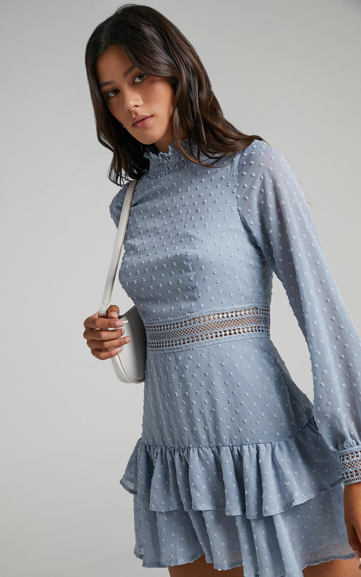 Are You Gonna Kiss Me Mini Dress - Cuffed Long Sleeve Dress in Dusty Blue