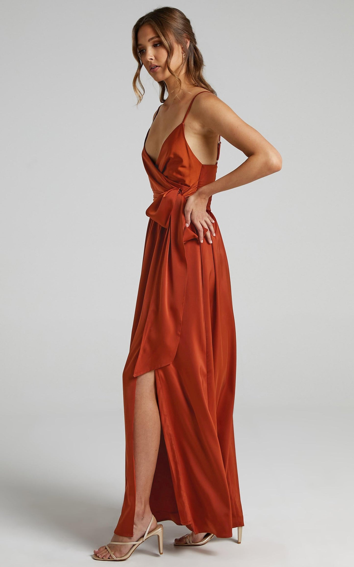 Revolve Around Me Midi Dress - V Neck Wrap Dress in Copper