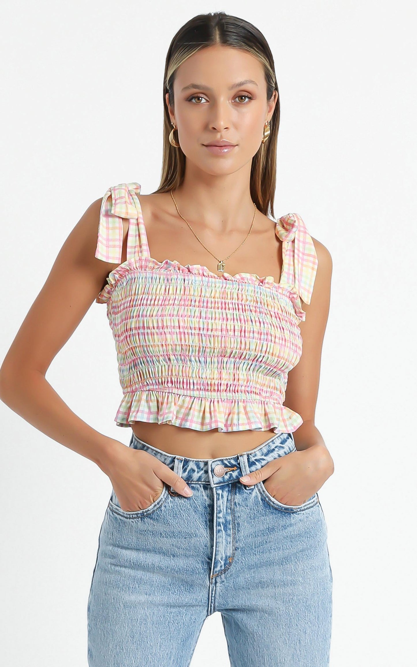 Aretha Top in Rainbow Check