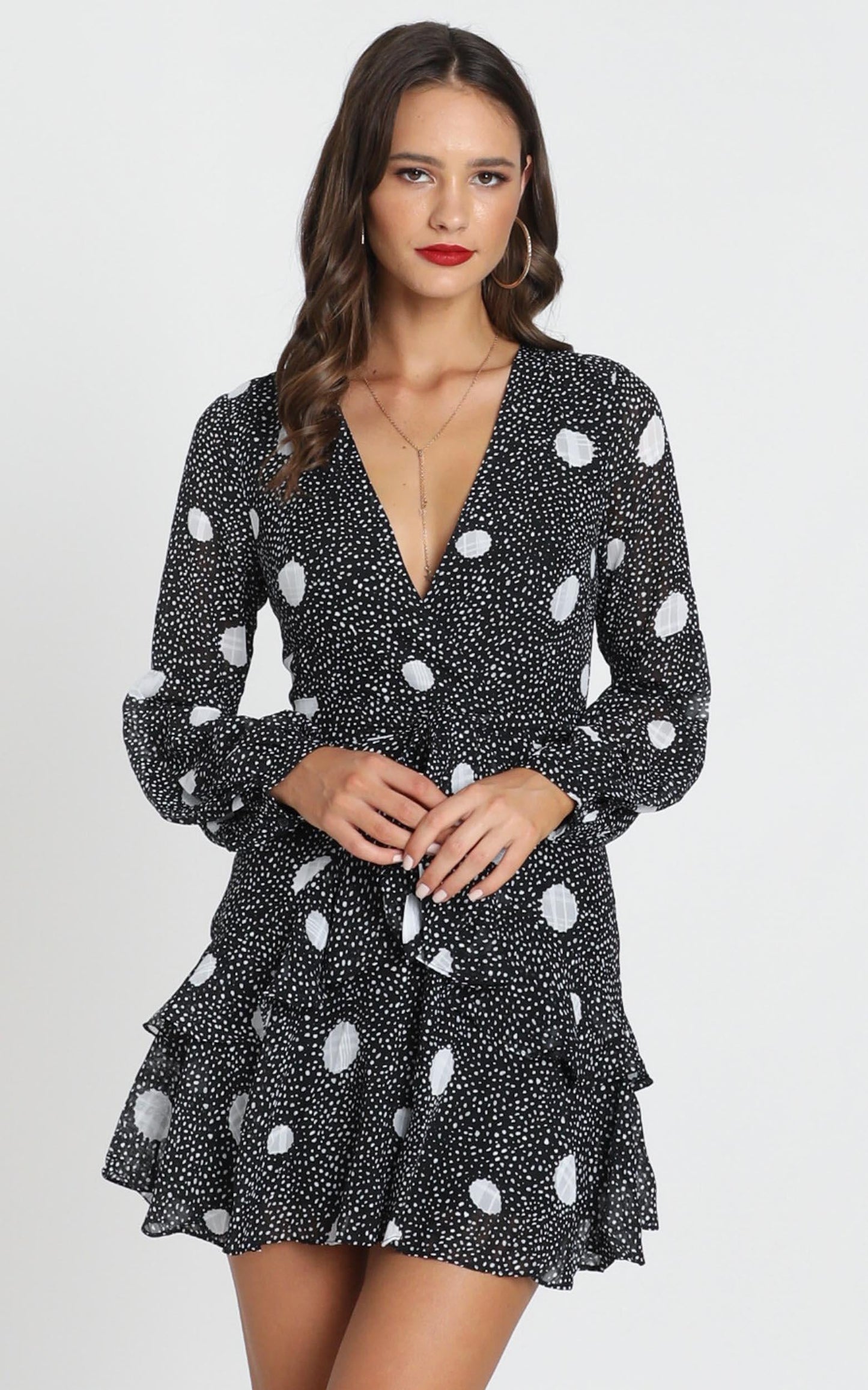 Aurelia V-Neck Mini Dress In Black Polka