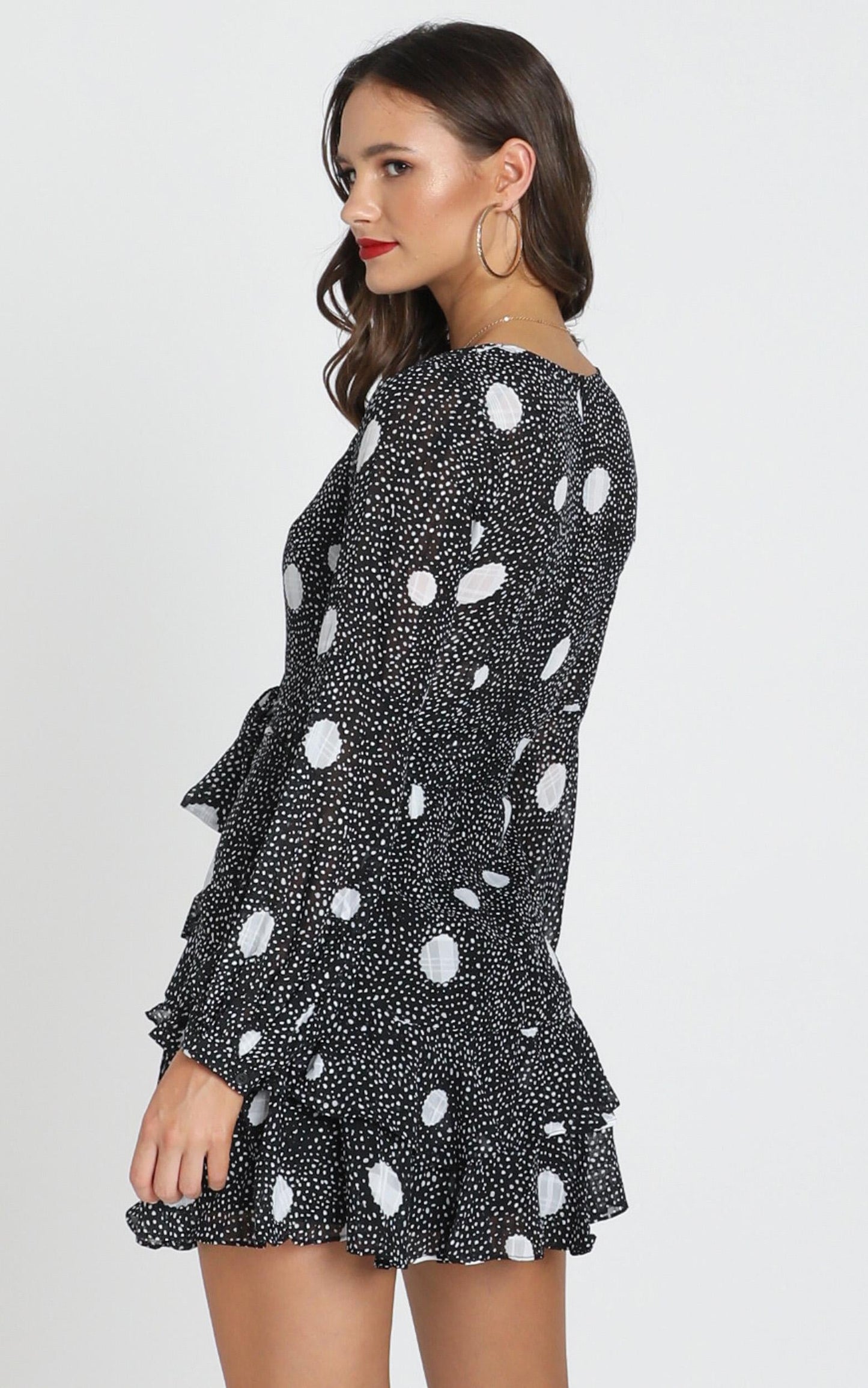 Aurelia V-Neck Mini Dress In Black Polka