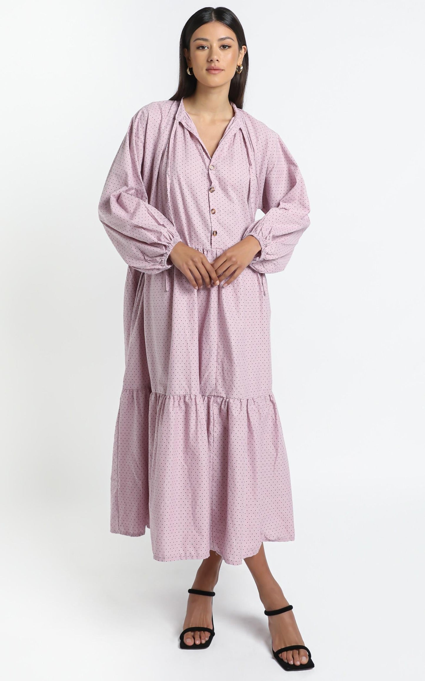 Lullaby Club - Avalon Maxi Dress in Mauve Polka Dots