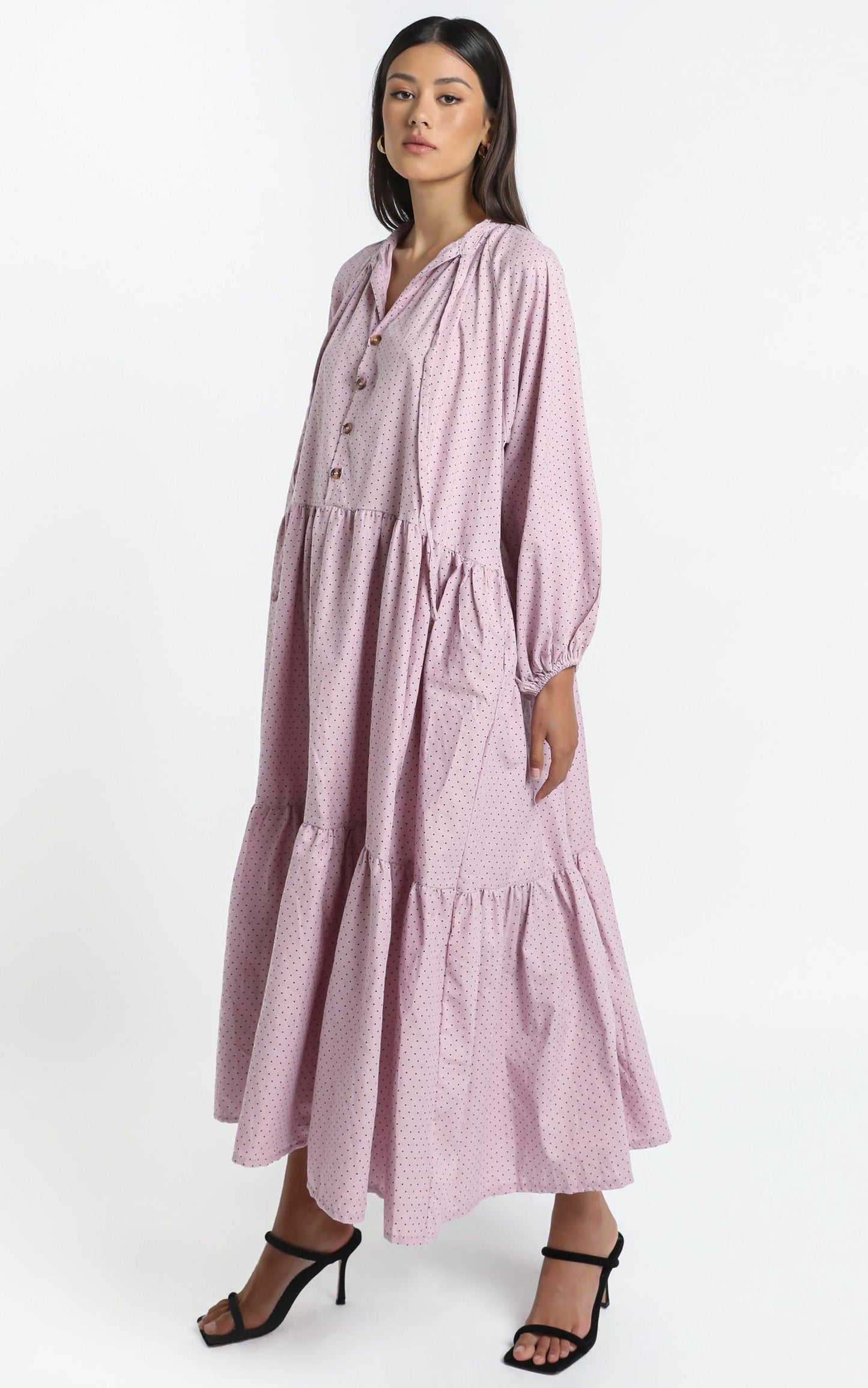 Lullaby Club - Avalon Maxi Dress in Mauve Polka Dots