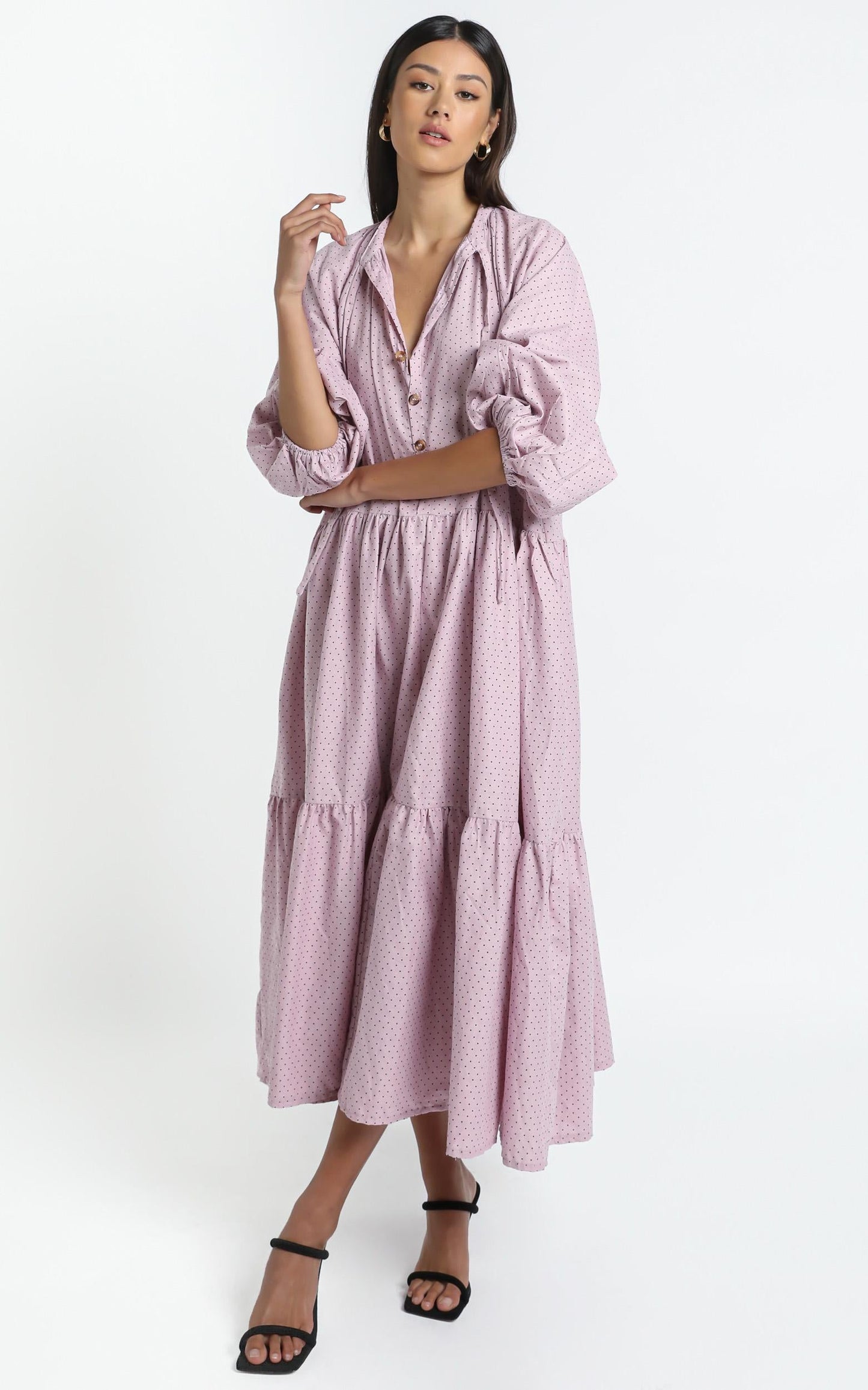 Lullaby Club - Avalon Maxi Dress in Mauve Polka Dots