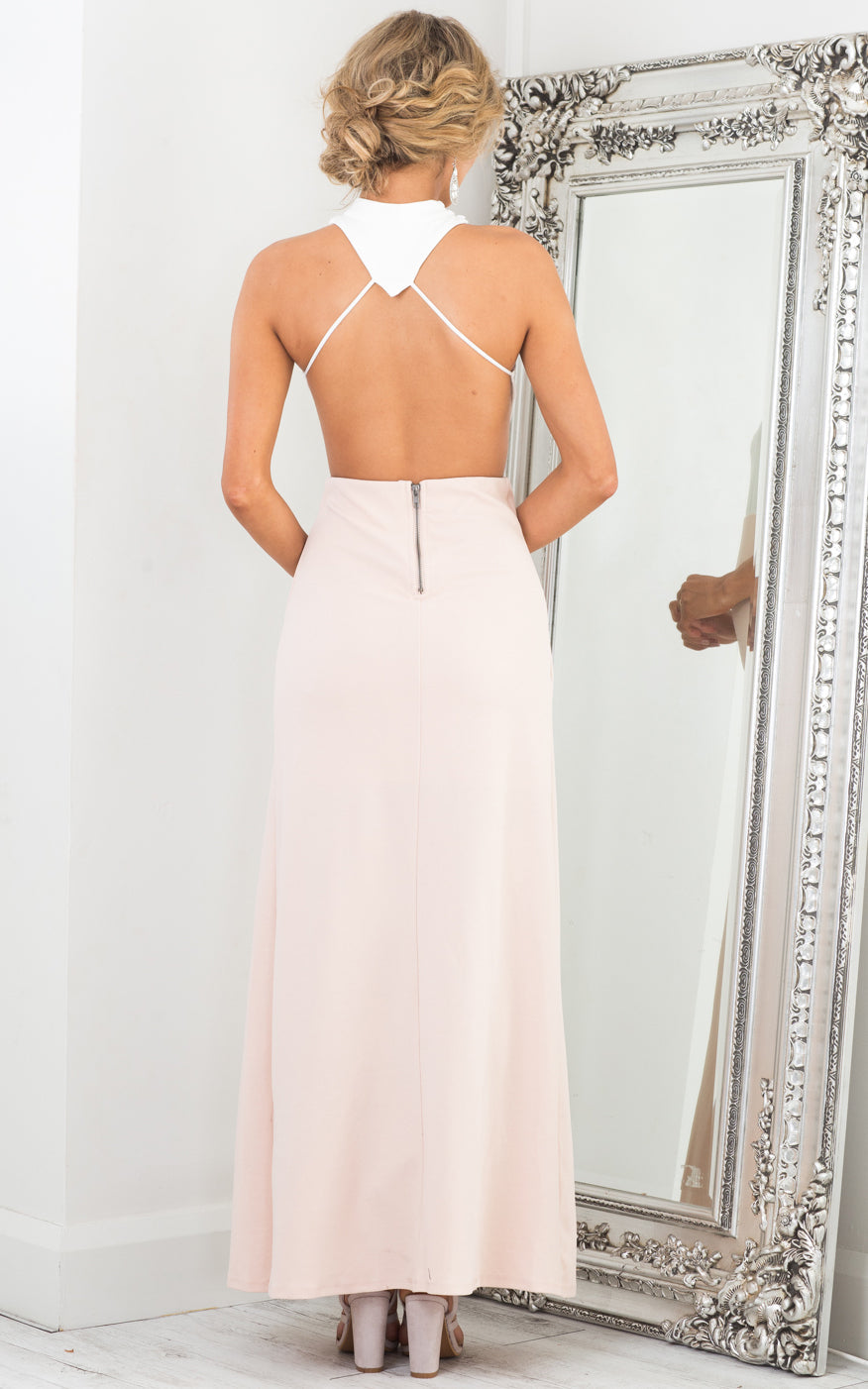 Back Out Maxi Dress In White And Blush
