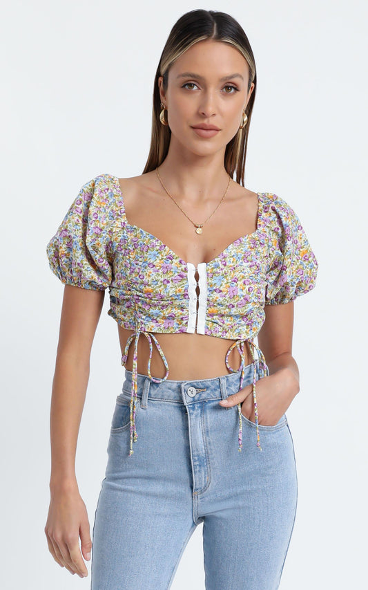 St Tropez Crop Top in Blue Floral