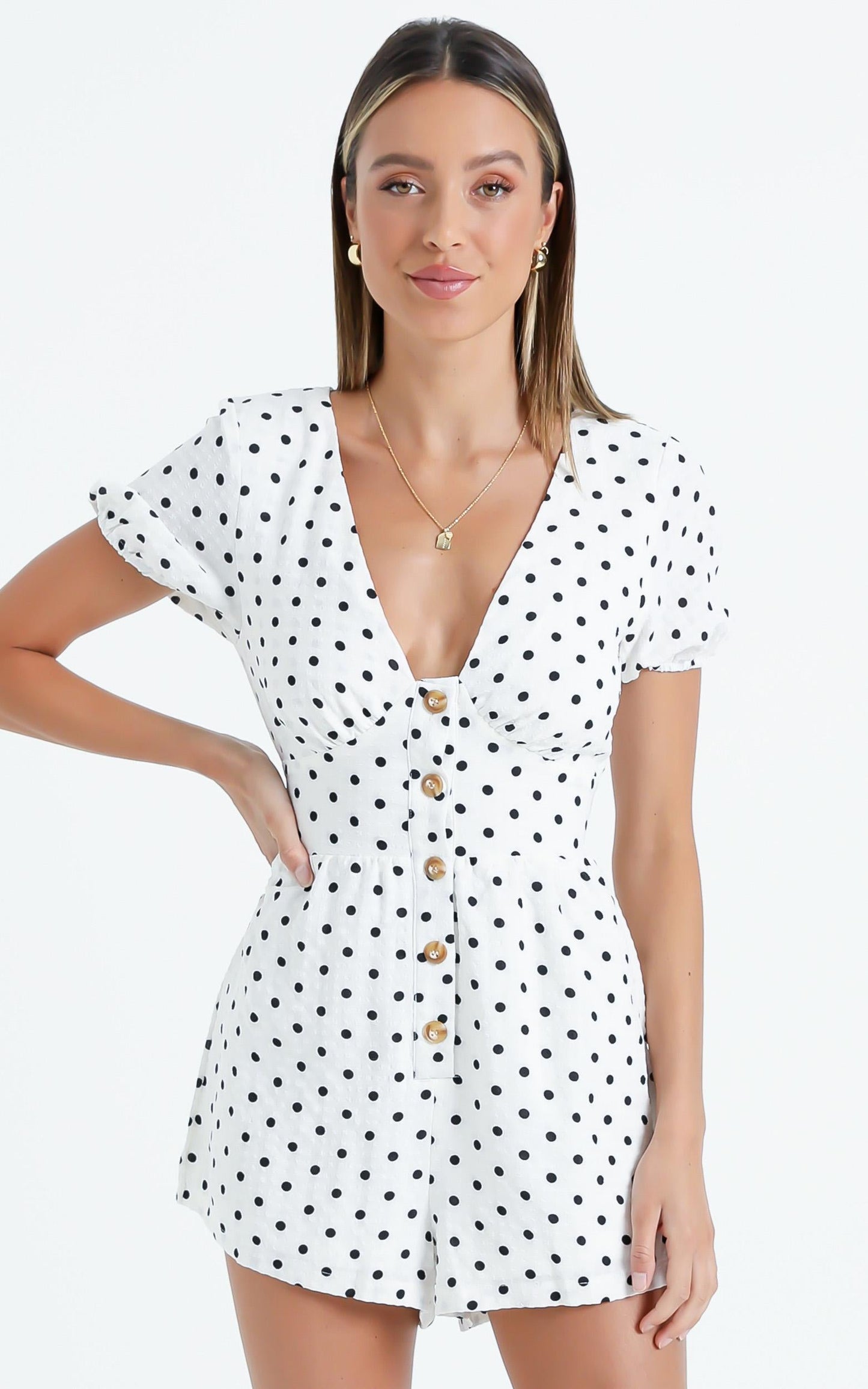 Barney Playsuit in White Polka