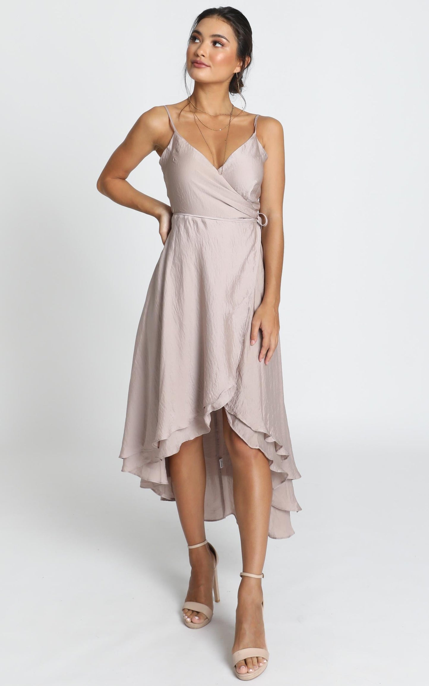 Between Fantasy Midi Dress in Champagne Satin