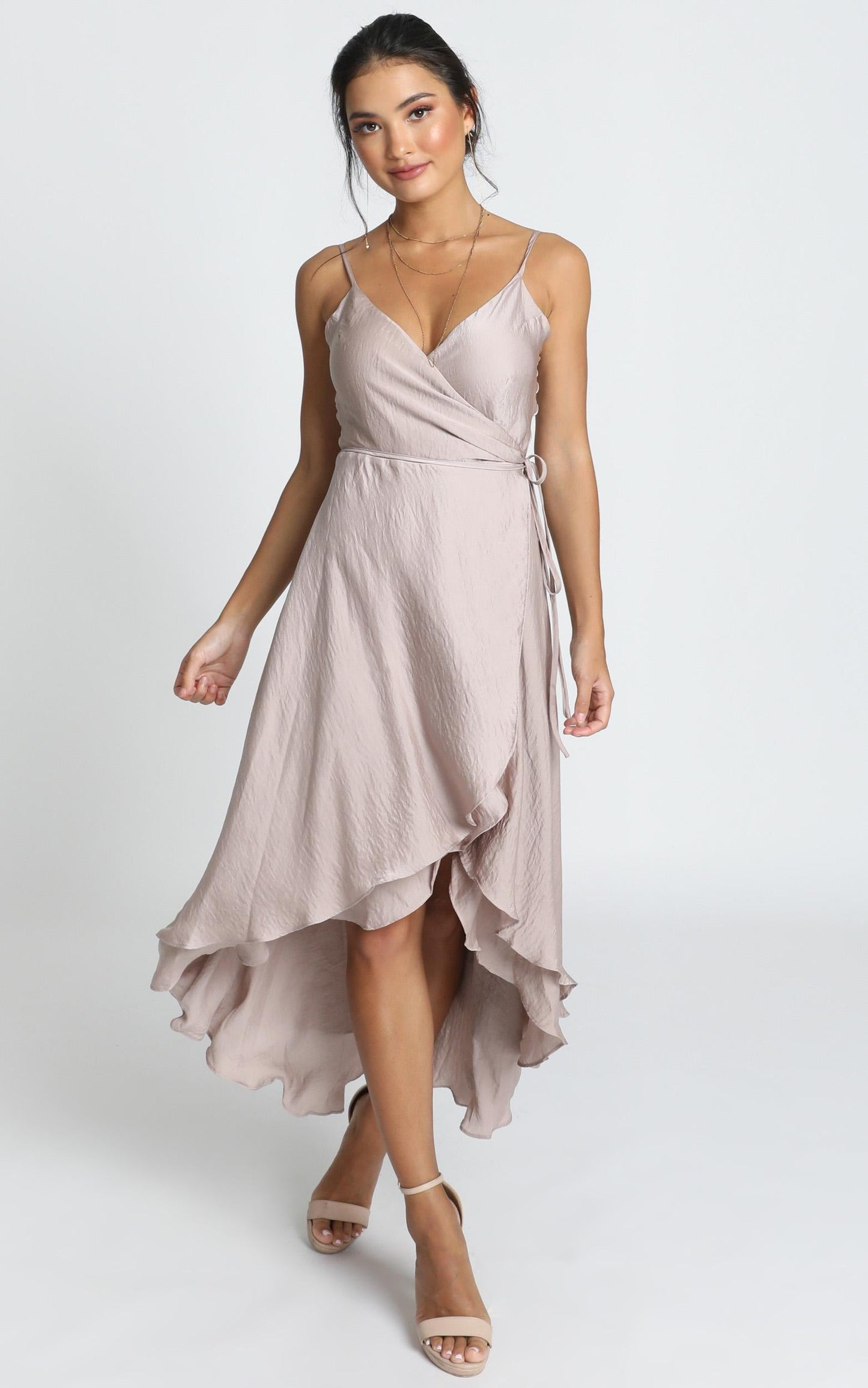 Between Fantasy Midi Dress in Champagne Satin
