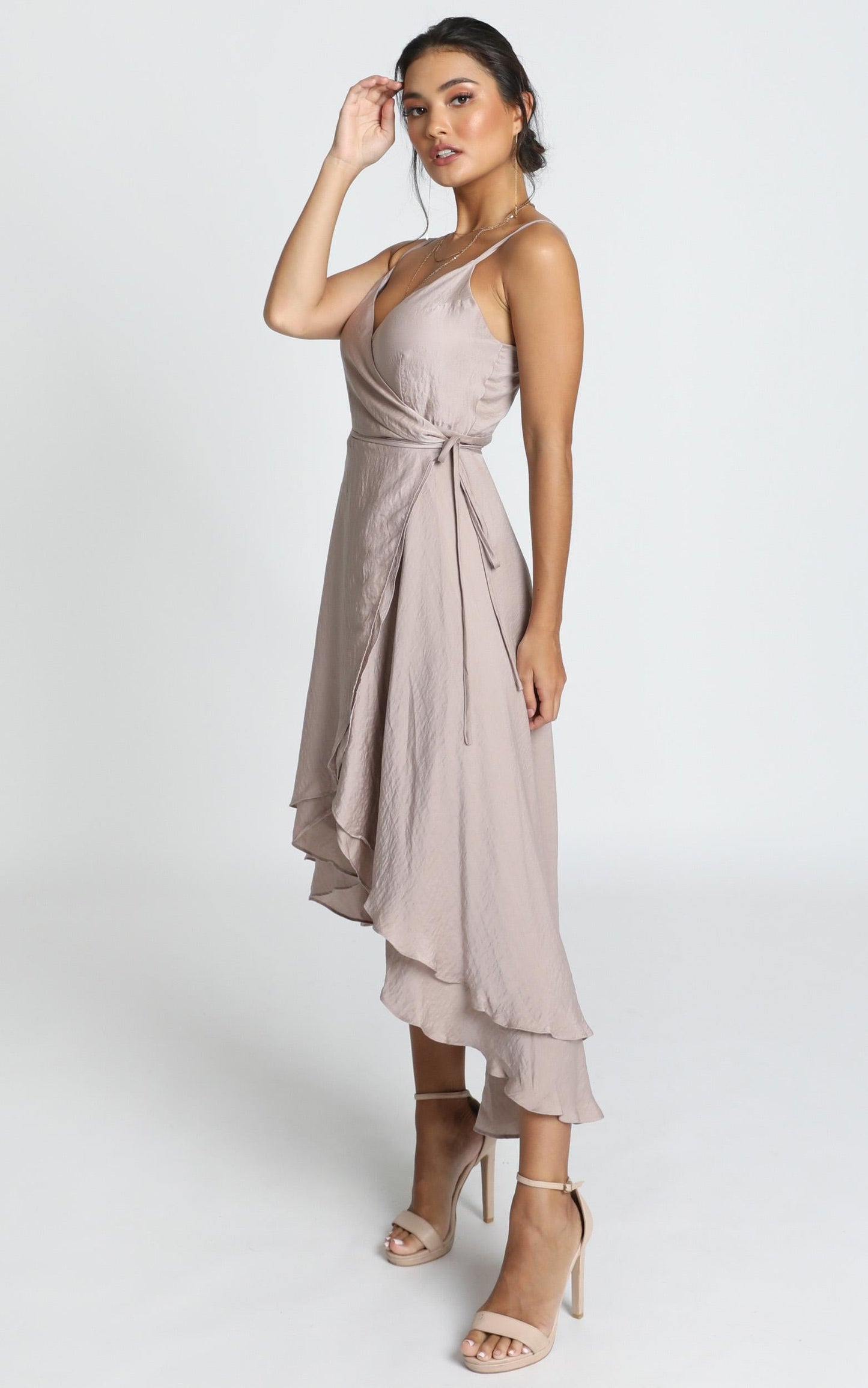 Between Fantasy Midi Dress in Champagne Satin