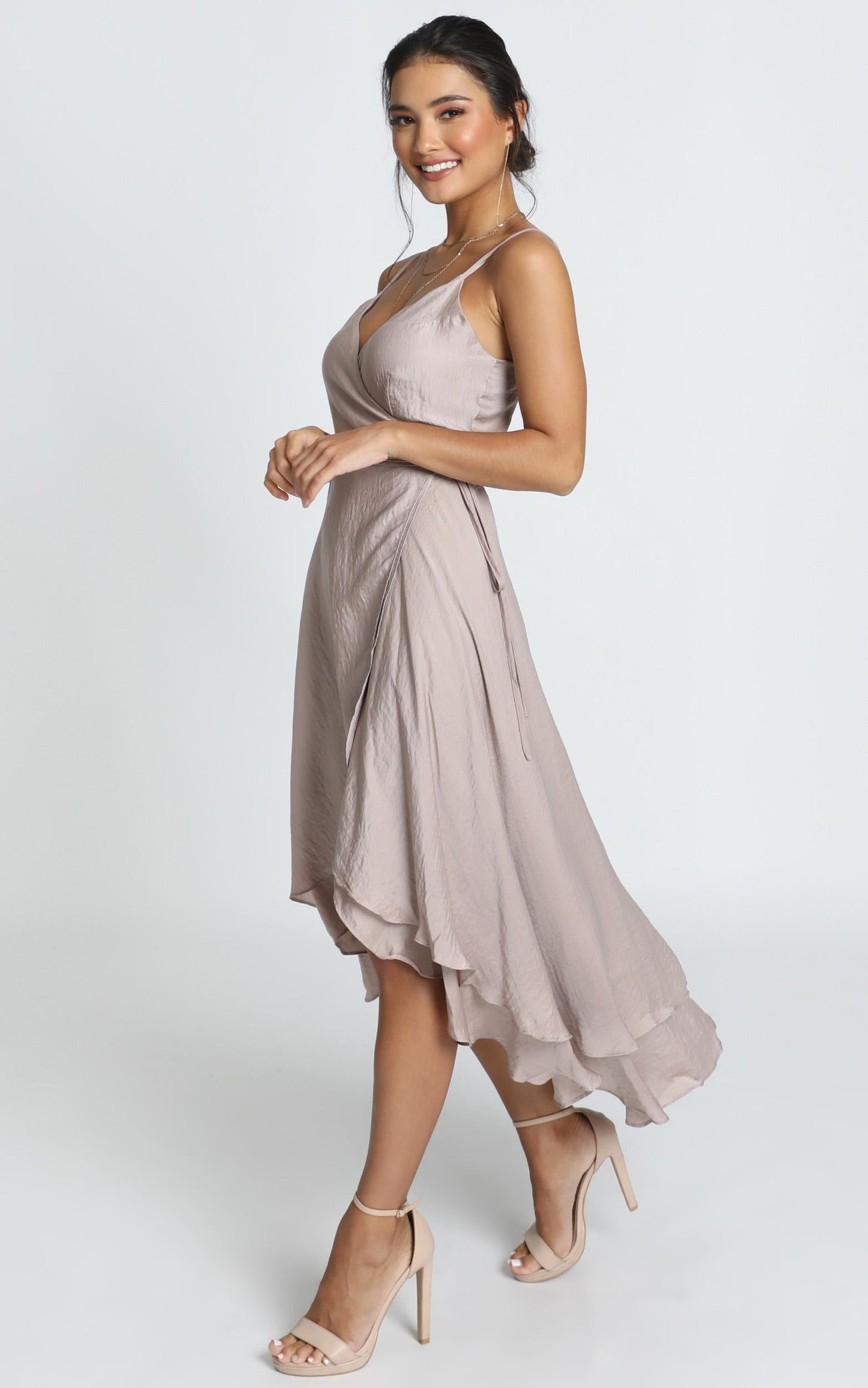 Between Fantasy Midi Dress in Champagne Satin