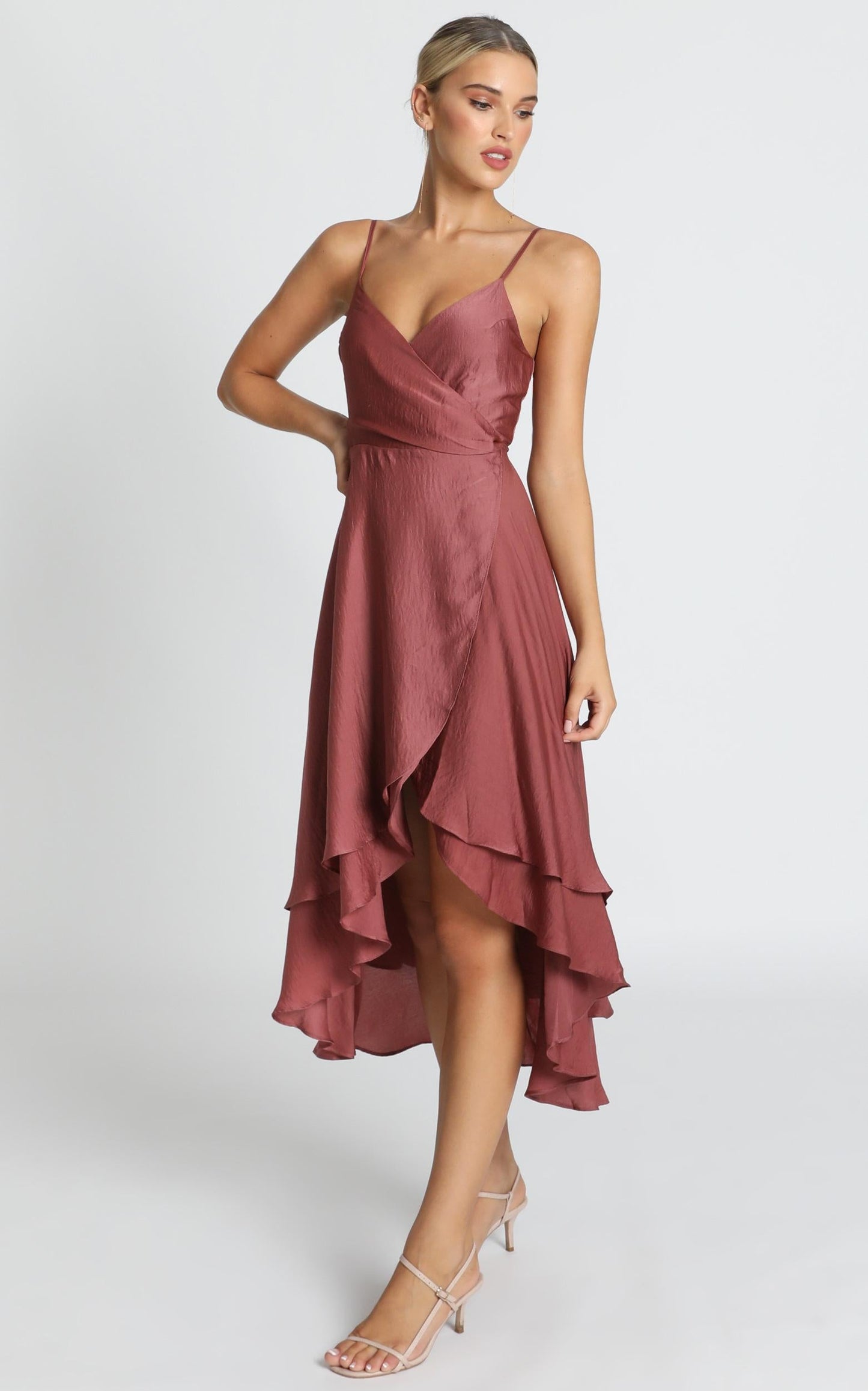 Between Fantasy Midi Dress in Dusty Rose Satin