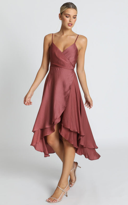Between Fantasy Midi Dress in Dusty Rose Satin