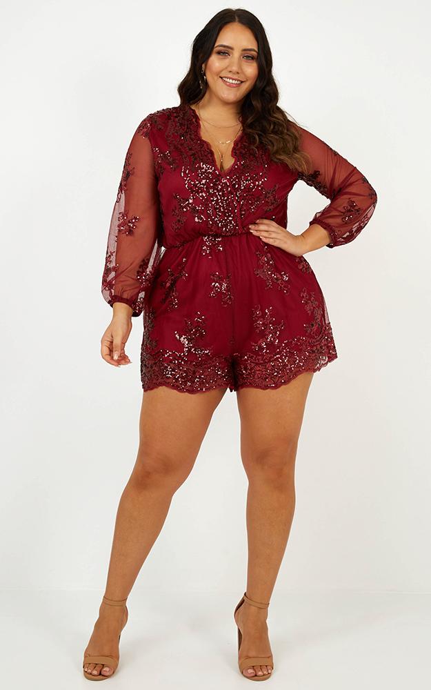 What Comes Around Playsuit in Wine Sequin
