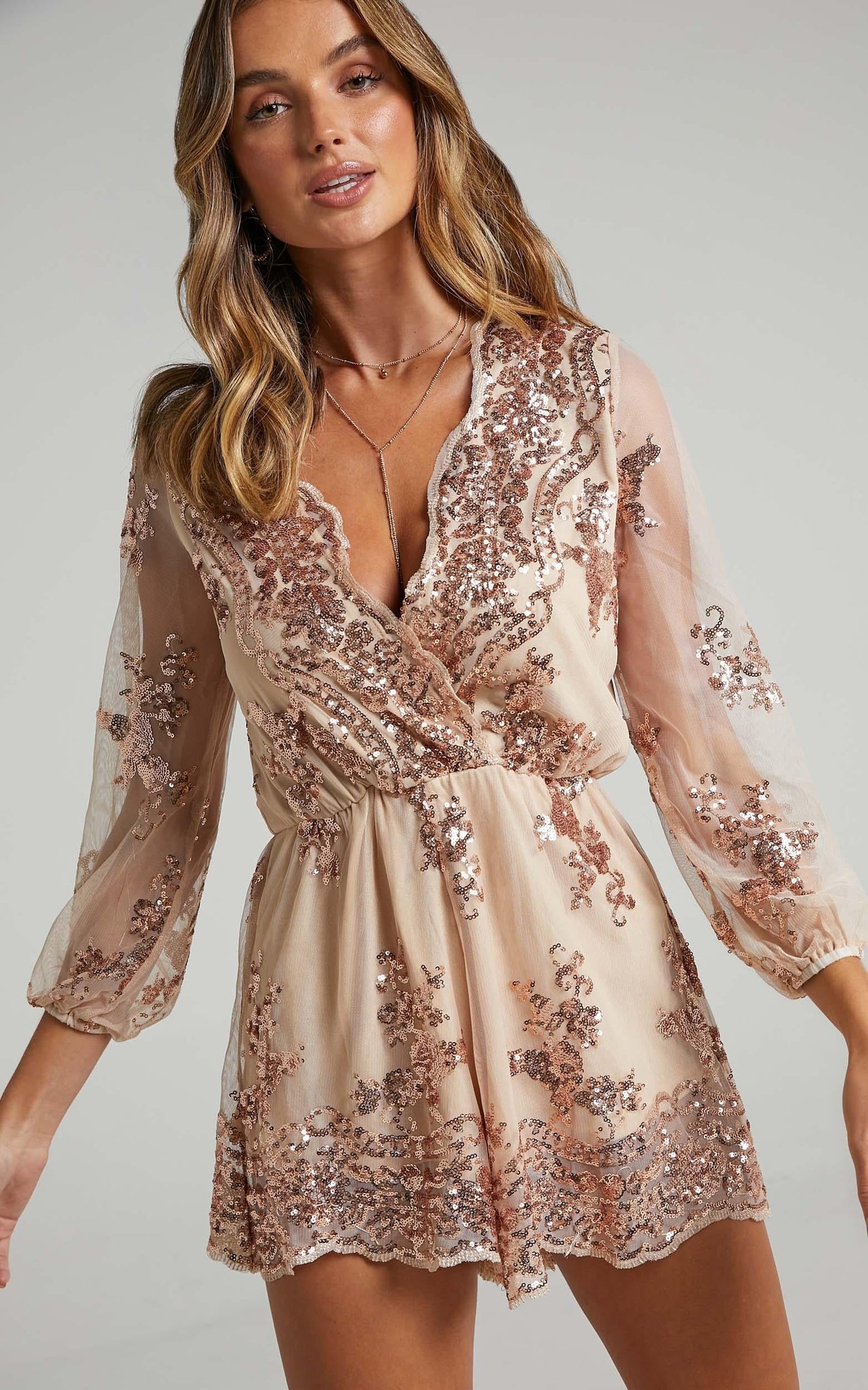 Big Baller Playsuit In Rose Gold Sequin