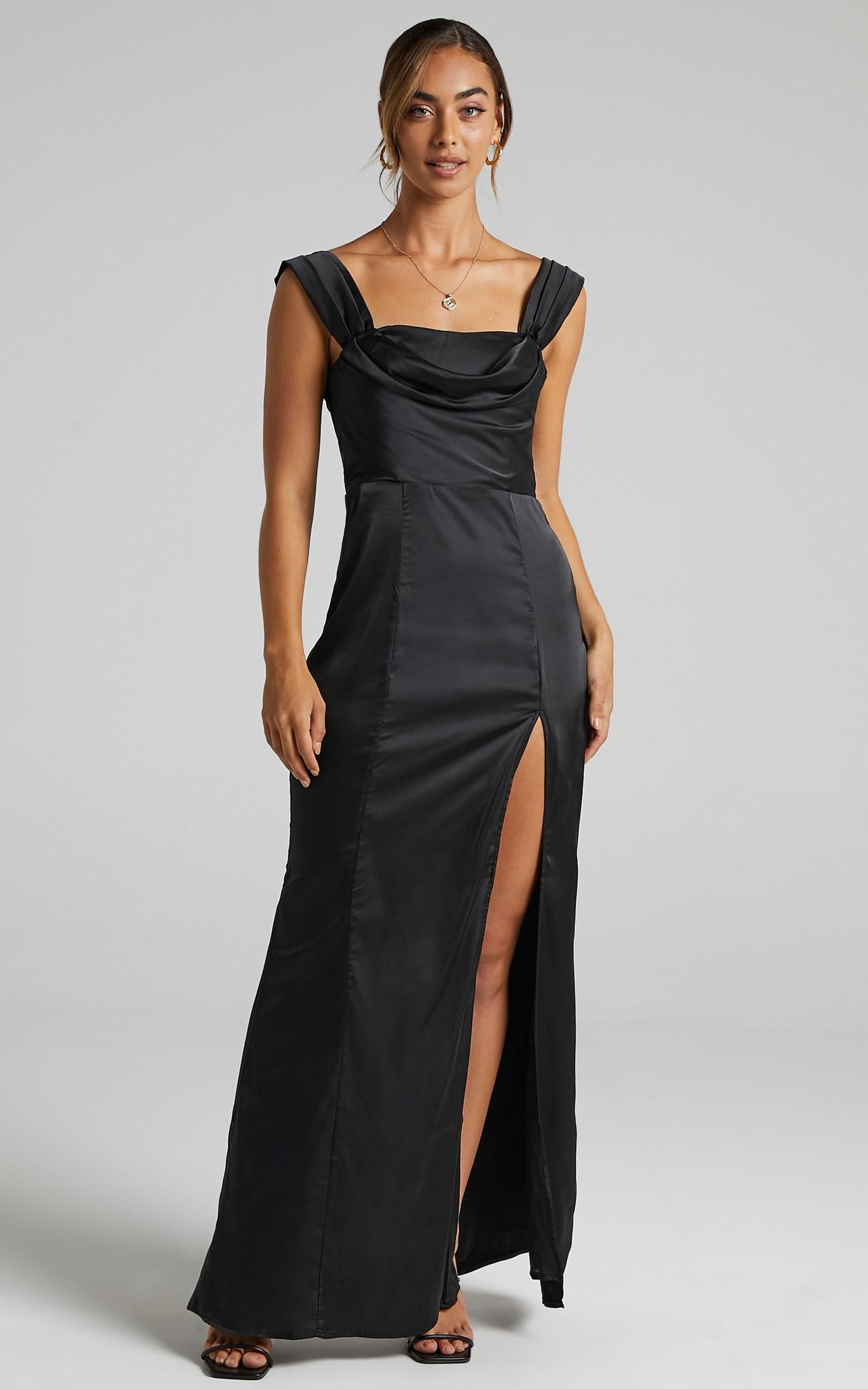 Faye Off Shoulder Maxi Dress in Black Satin