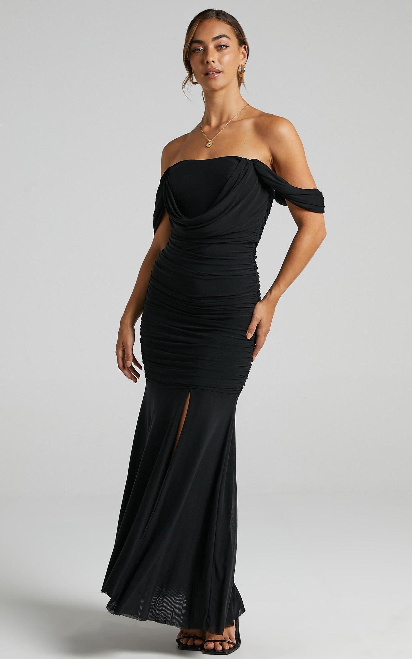 Melissa Ruched Maxi Dress in black mesh