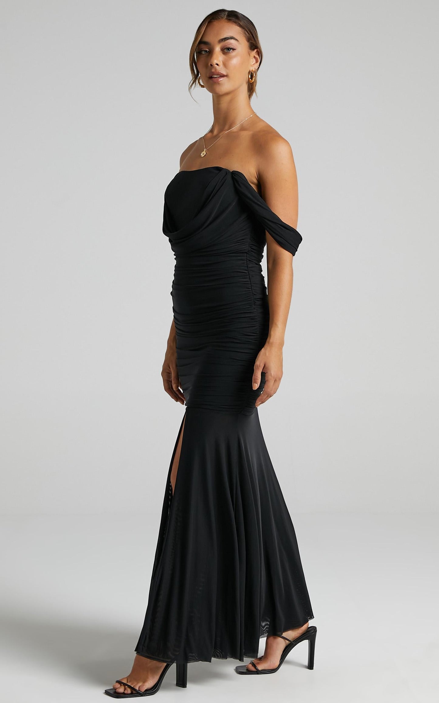 Melissa Ruched Maxi Dress in black mesh