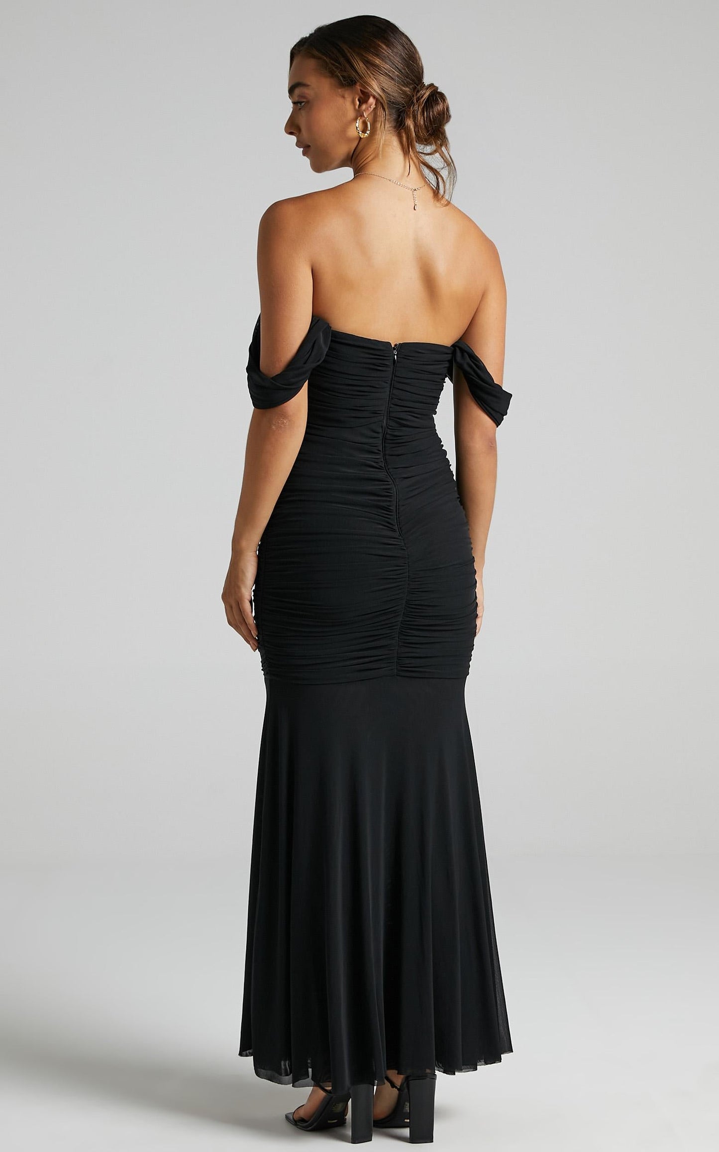 Melissa Ruched Maxi Dress in black mesh